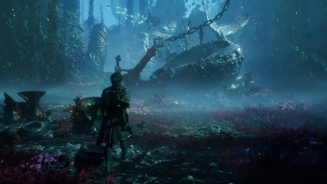 A lone figure wading towards a wrecked structure in blue mist and shallow water