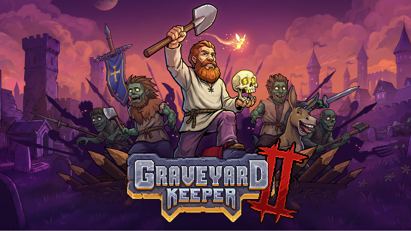 Graveyard Keeper 2 key art: the bearded keeper raises a shovel and holds a coin-eyed skull while zombies with axes and spears advance behind him