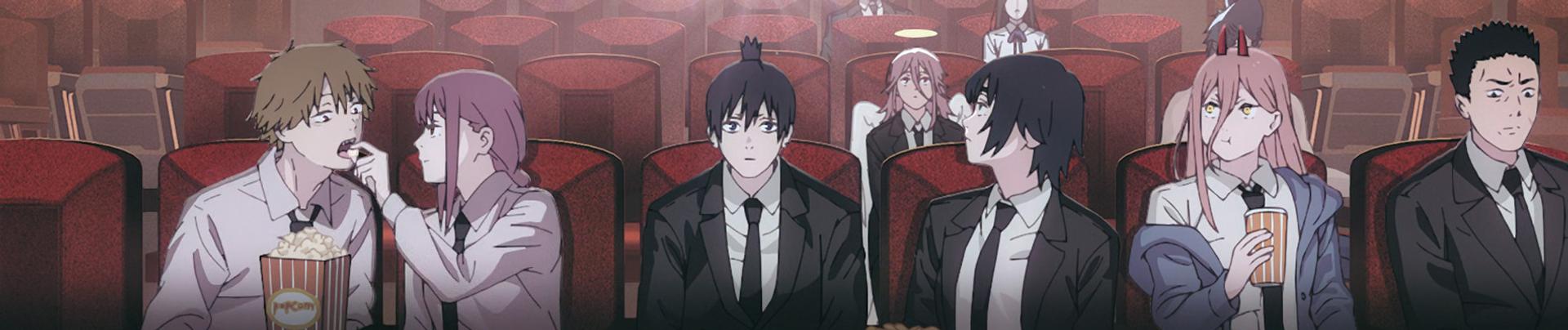 Key visual for Chainsaw Man: Assassins Arc with Denji, Makima, Aki, Power and the cast seated in a cinema.