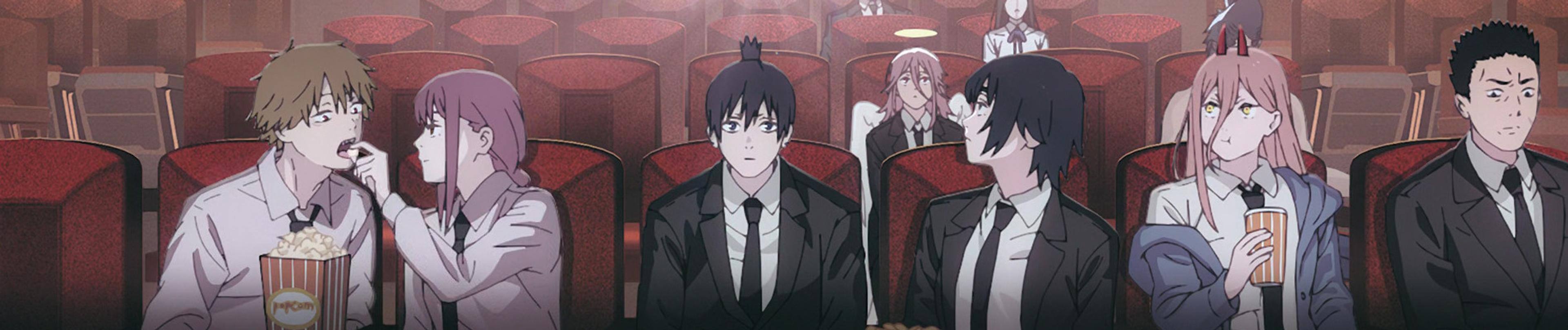 Key visual for Chainsaw Man: Assassins Arc with Denji, Makima, Aki, Power and the cast seated in a cinema.