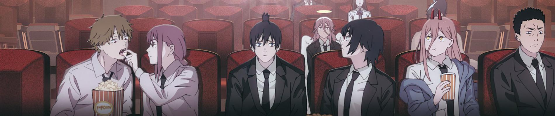 Key visual for Chainsaw Man: Assassins Arc with Denji, Makima, Aki, Power and the cast seated in a cinema.