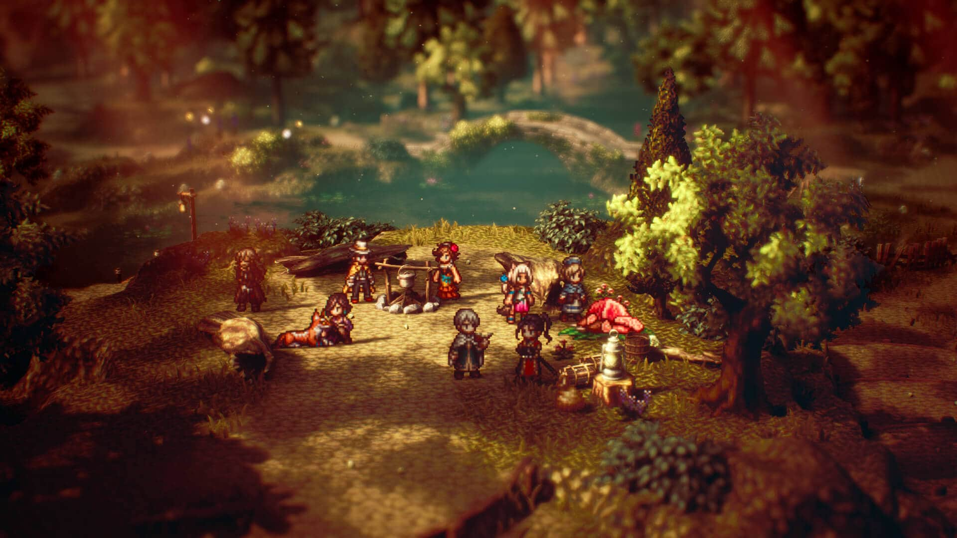 The party crossing a golden autumn wood in HD-2D