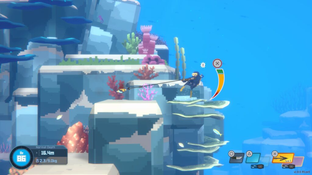Diving down a pixel-art reef past coral and fish, oxygen gauge in the corner