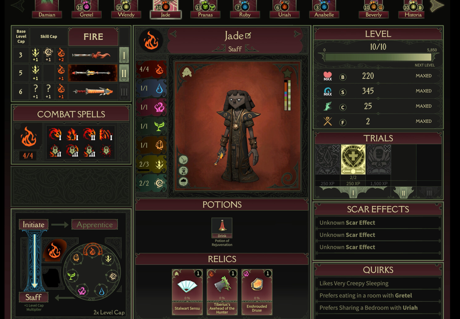 A character sheet showing combat spells, potions, relics, trials and scar effects