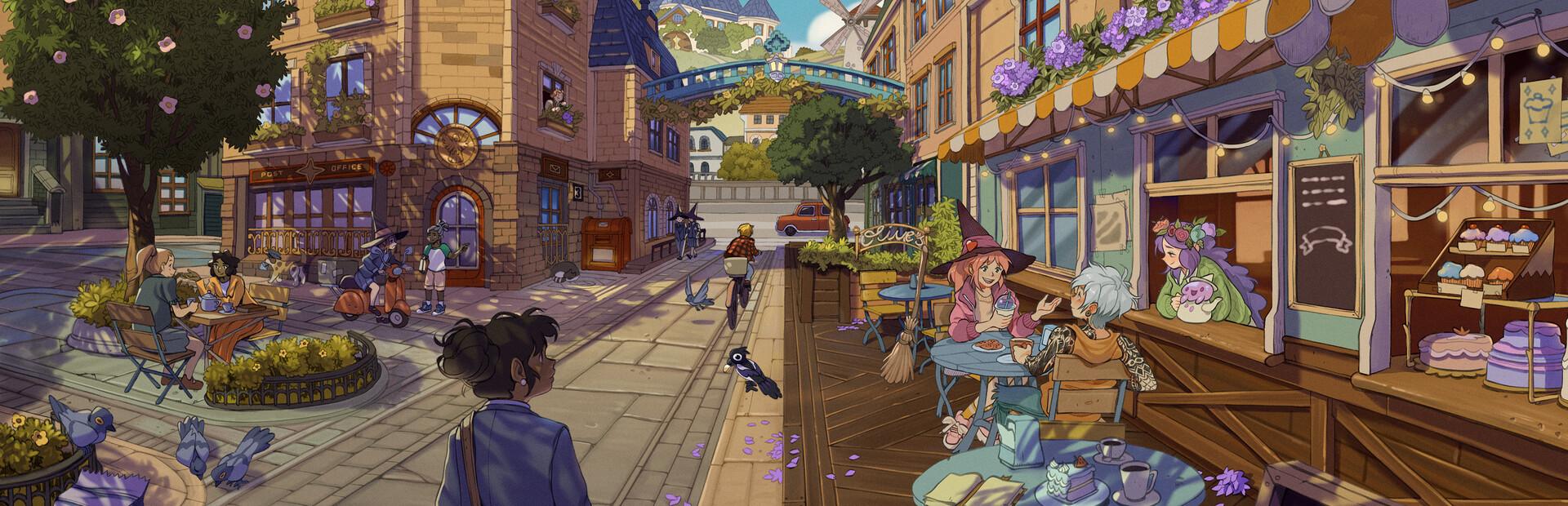 Key art for Witchbrook showing a sunlit street in the seaside city of Mossport, with witches in pointed hats sitting at a cafe terrace, a cake shop, a post office and a windmill on the hill behind