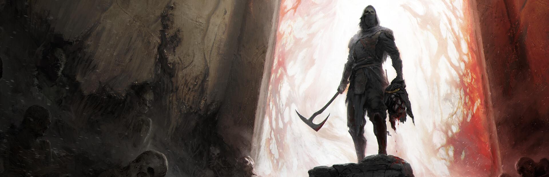 Key art for Mortal Shell II showing a hooded, masked warrior standing on a rock holding a scythe and a severed head, silhouetted against a red and white void