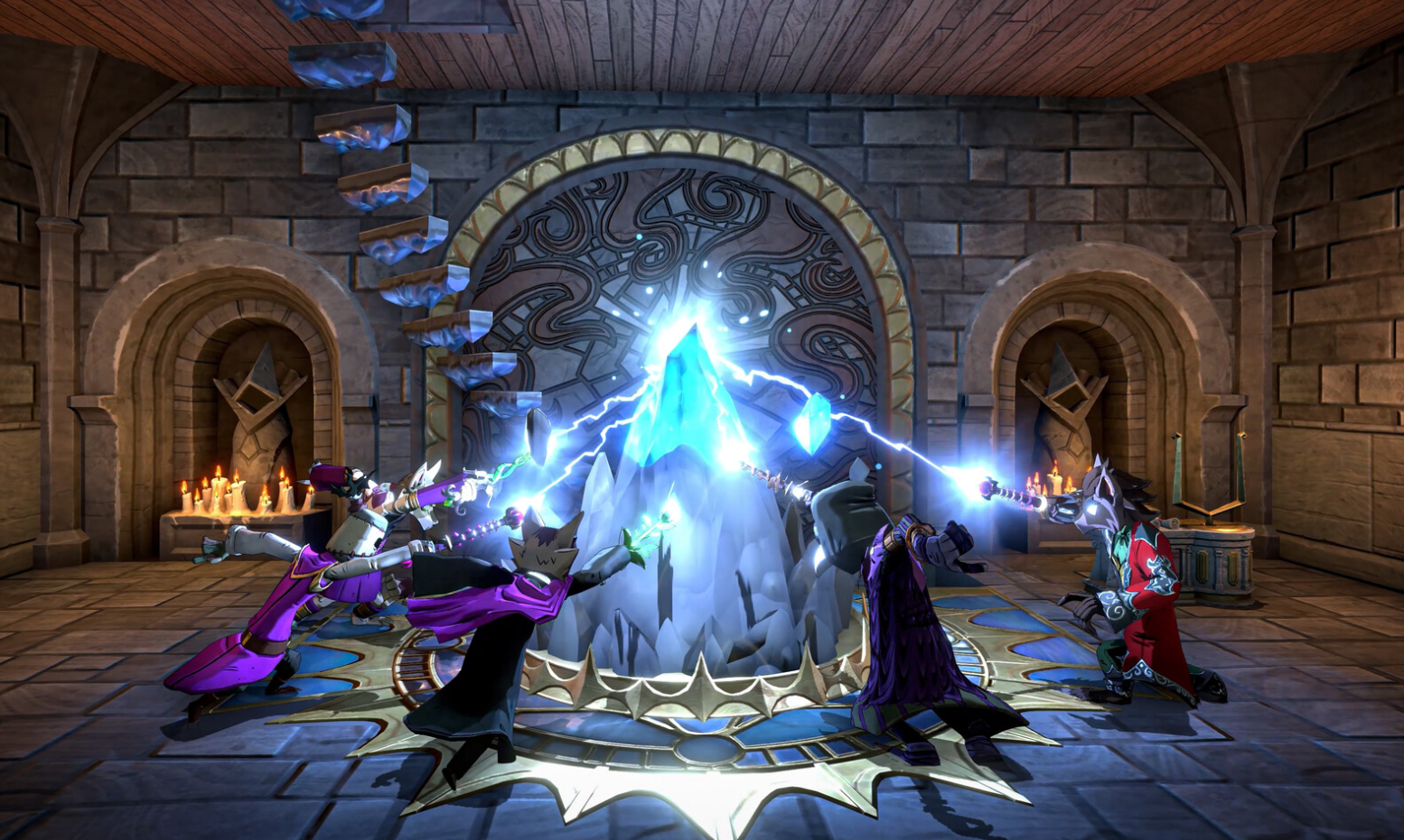 A summoned ice creature towering over robed students in a hall