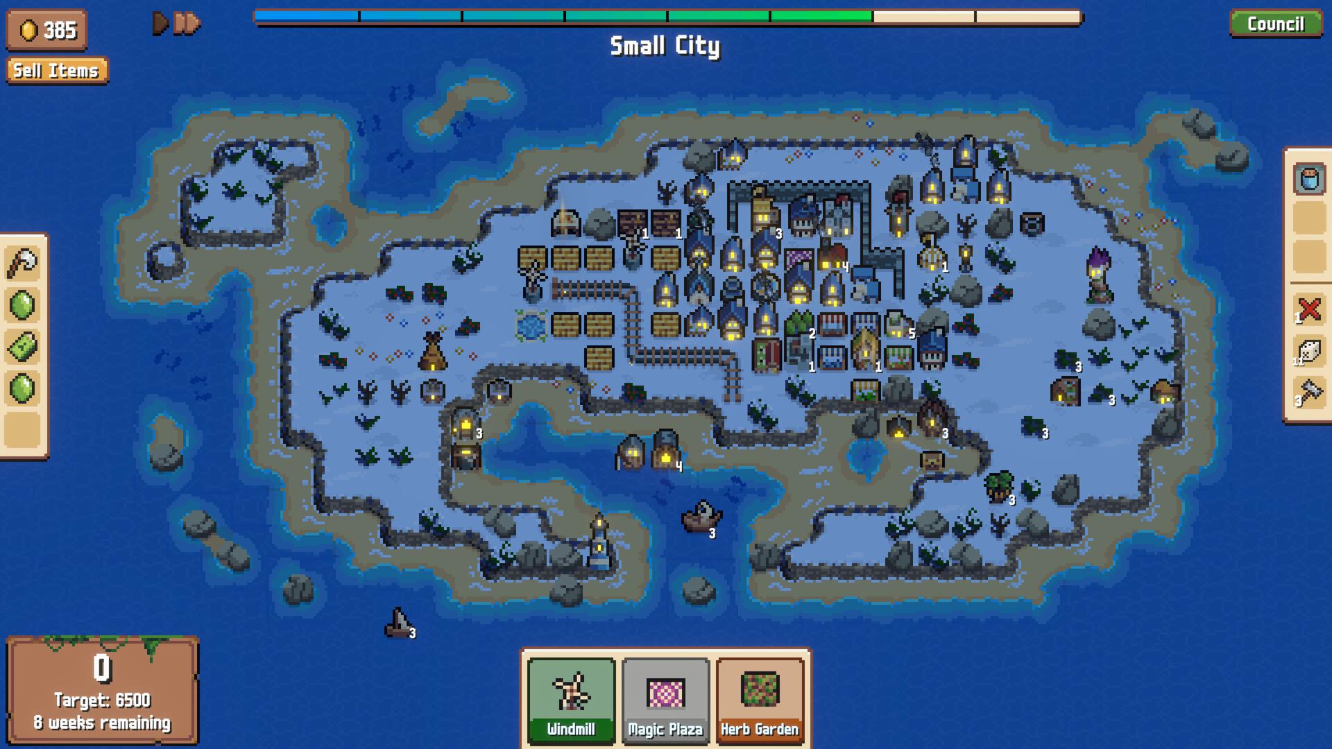 A Combolands island at night with lit houses, farms, a walled keep and a rail line. A hand of three buildings at the bottom offers Windmill, Magic Plaza and Herb Garden, and a panel reads Target: 6500, 8 weeks remaining.