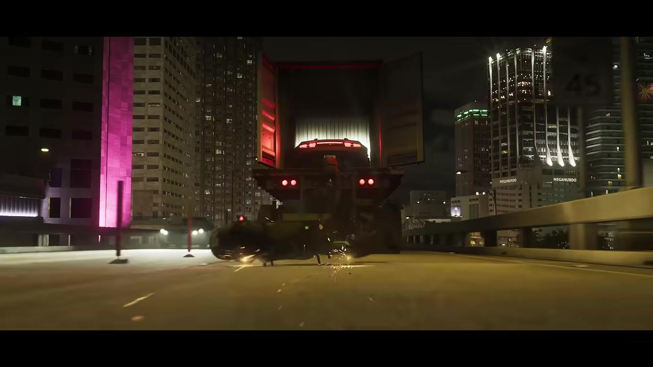 A neon lit Vice City street at night in Grand Theft Auto VI, with a truck in the foreground