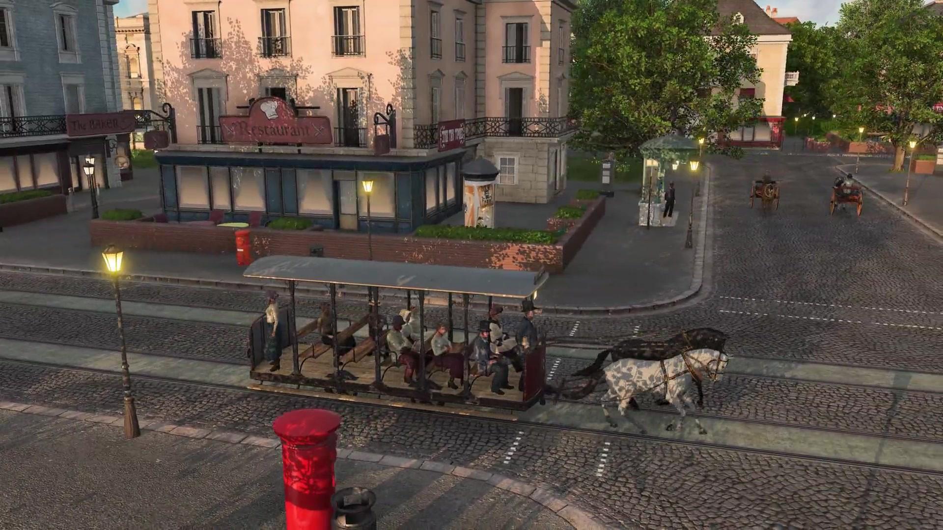 Two horses pull an open-sided tram full of passengers across a cobbled town square past a restaurant, gas lamps and a red pillar box, with horse-drawn carriages in the background.