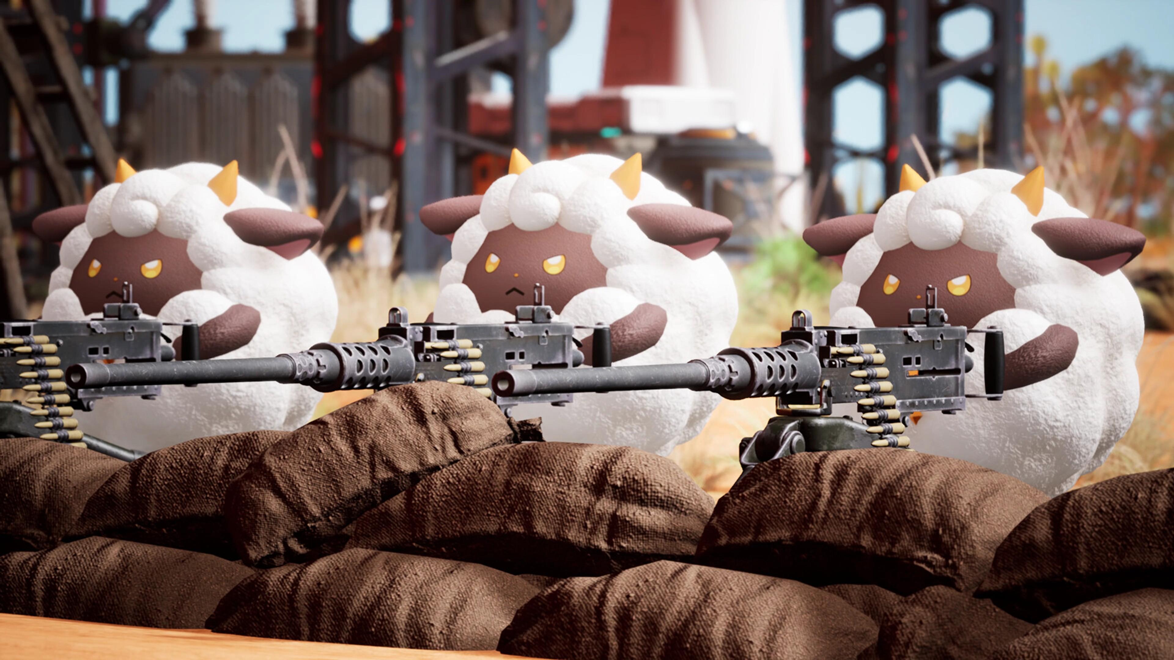Three Lamball creatures from Palworld positioned behind mounted guns. Screenshot via Steam / Pocketpair.