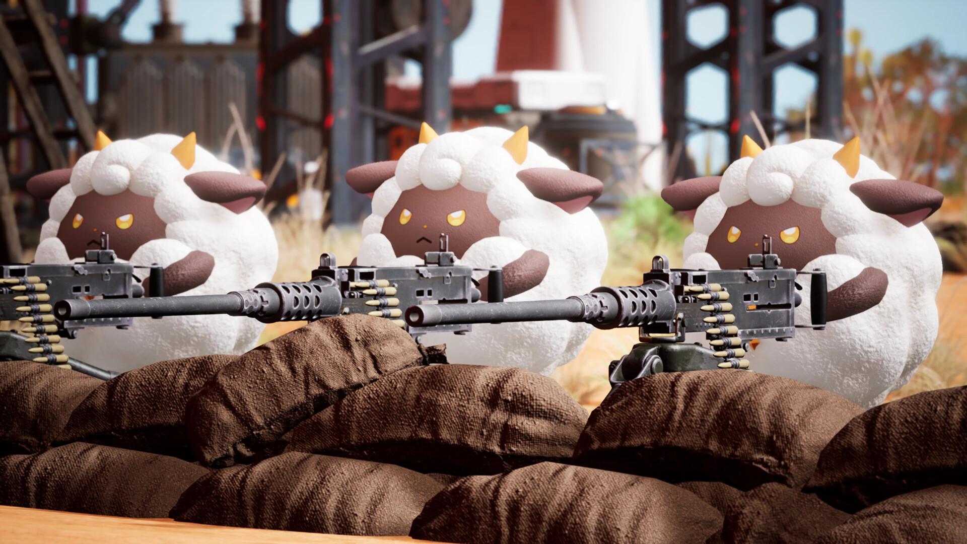 Three Lamball creatures from Palworld positioned behind mounted guns. Screenshot via Steam / Pocketpair.