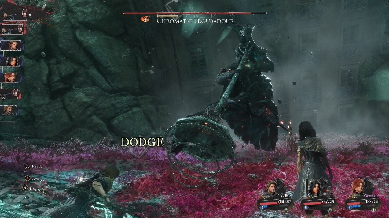 A boss encounter in a field of red flowers with the DODGE prompt on screen