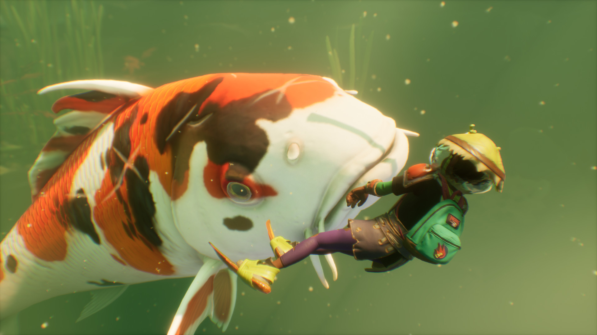A koi fish swimming past, dwarfing the tiny player character