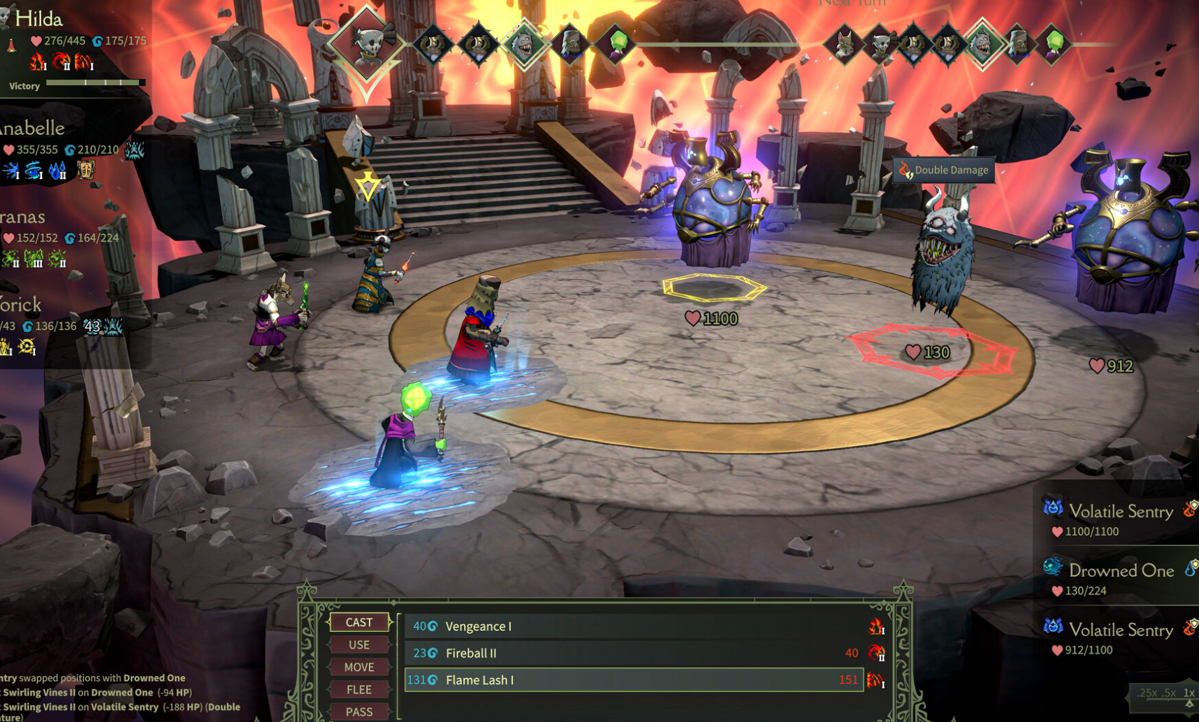 A turn-based fight on a circular arena floor against masked enemies