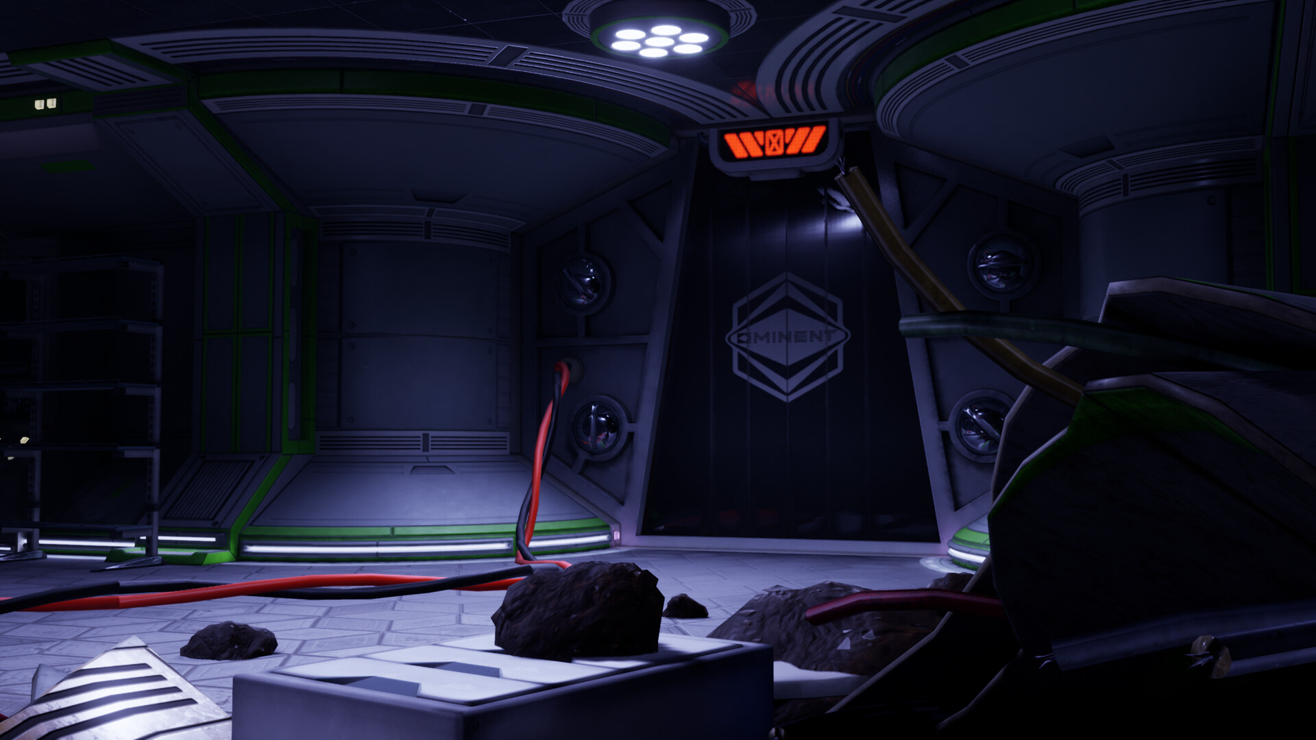 The interior of a sterile lab facility lit by a red light strip