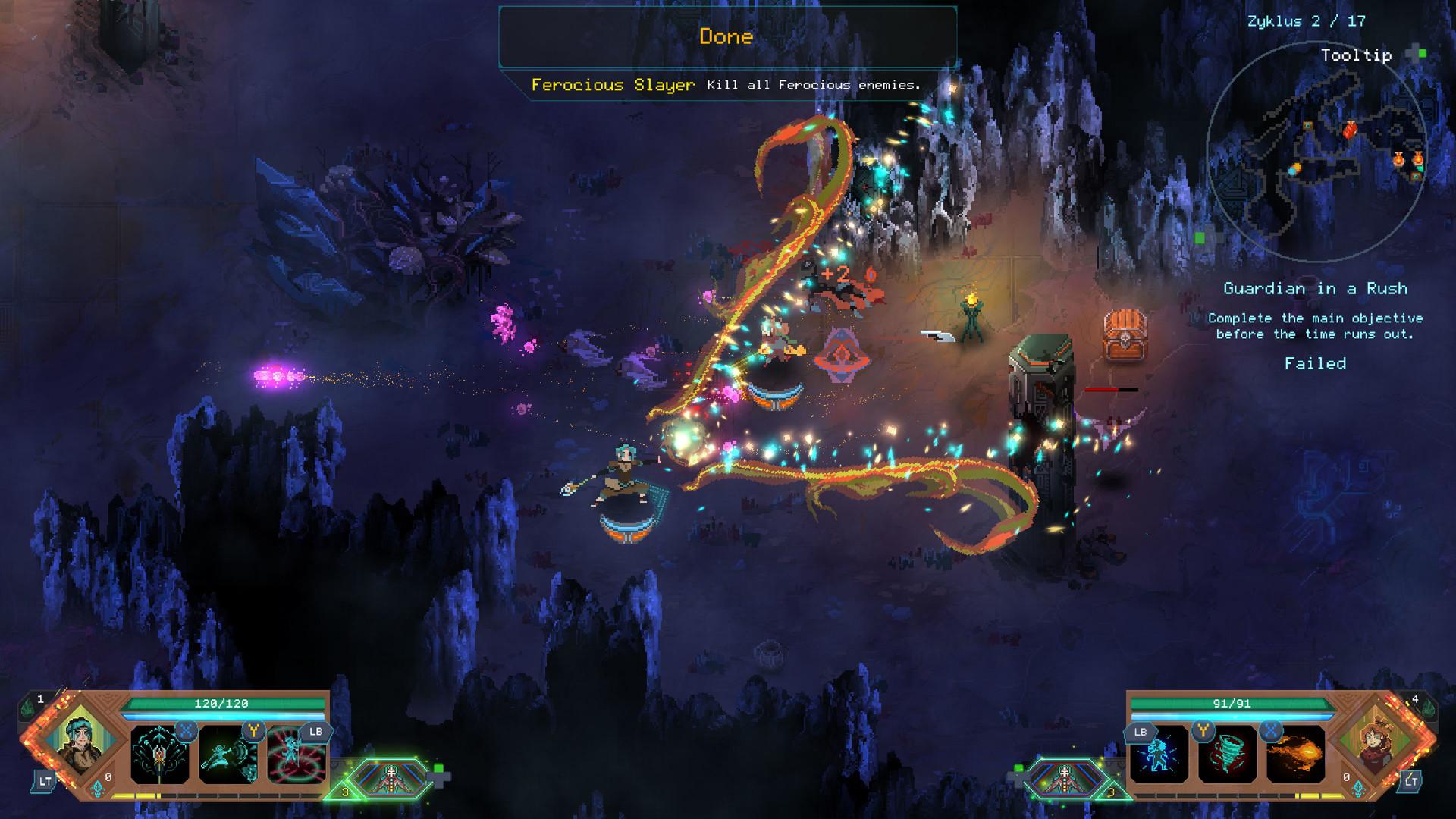 Two players as Apan and Lucy fight in a dark blue cavern in Family Trials mode, surrounded by swirling orange and teal spell effects, with the floor counter reading Zyklus 2 / 17 and a completed Ferocious Slayer objective.