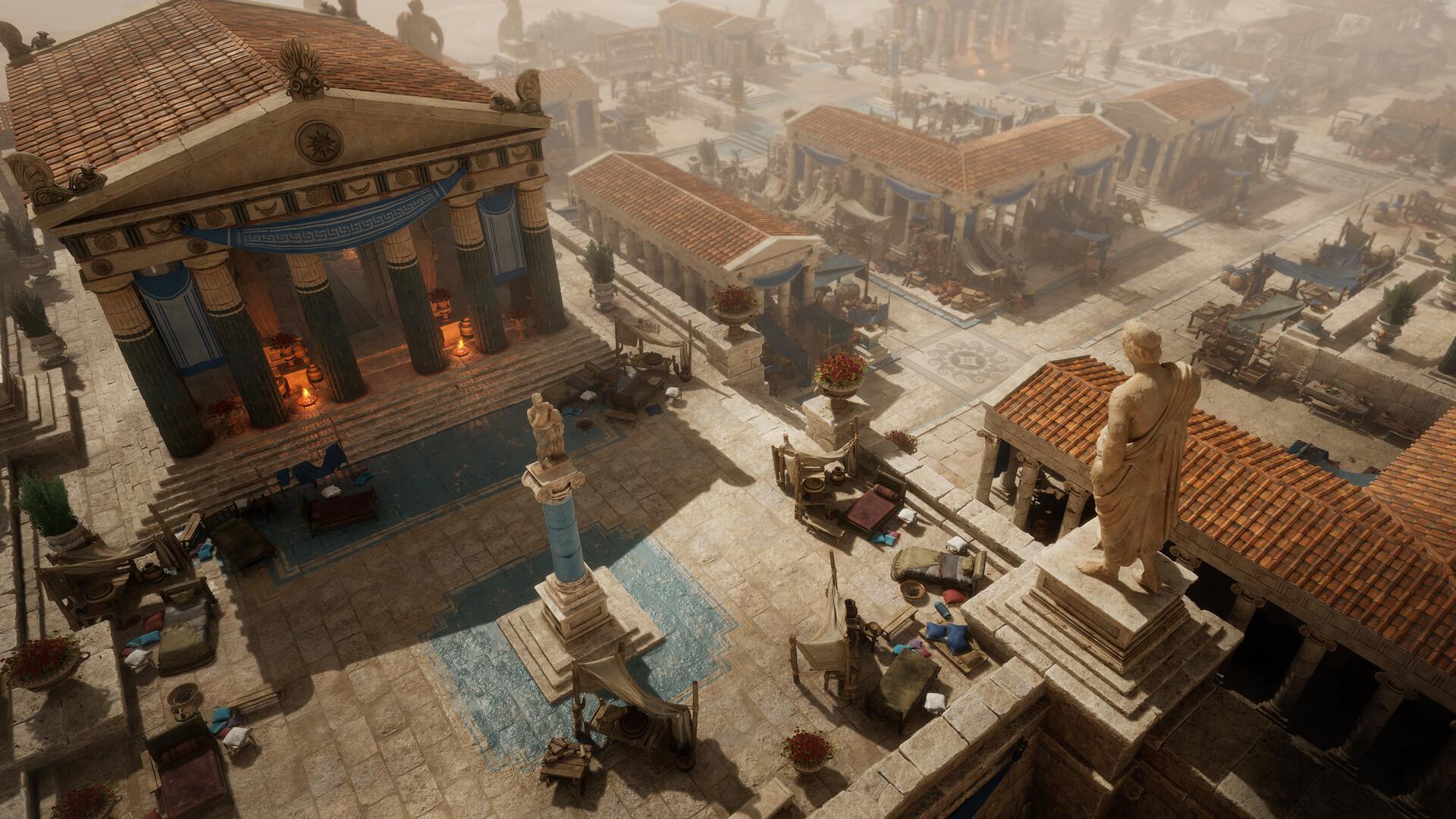 An aerial view of a Greek town in Titan Quest II, with temples, market stalls and statues