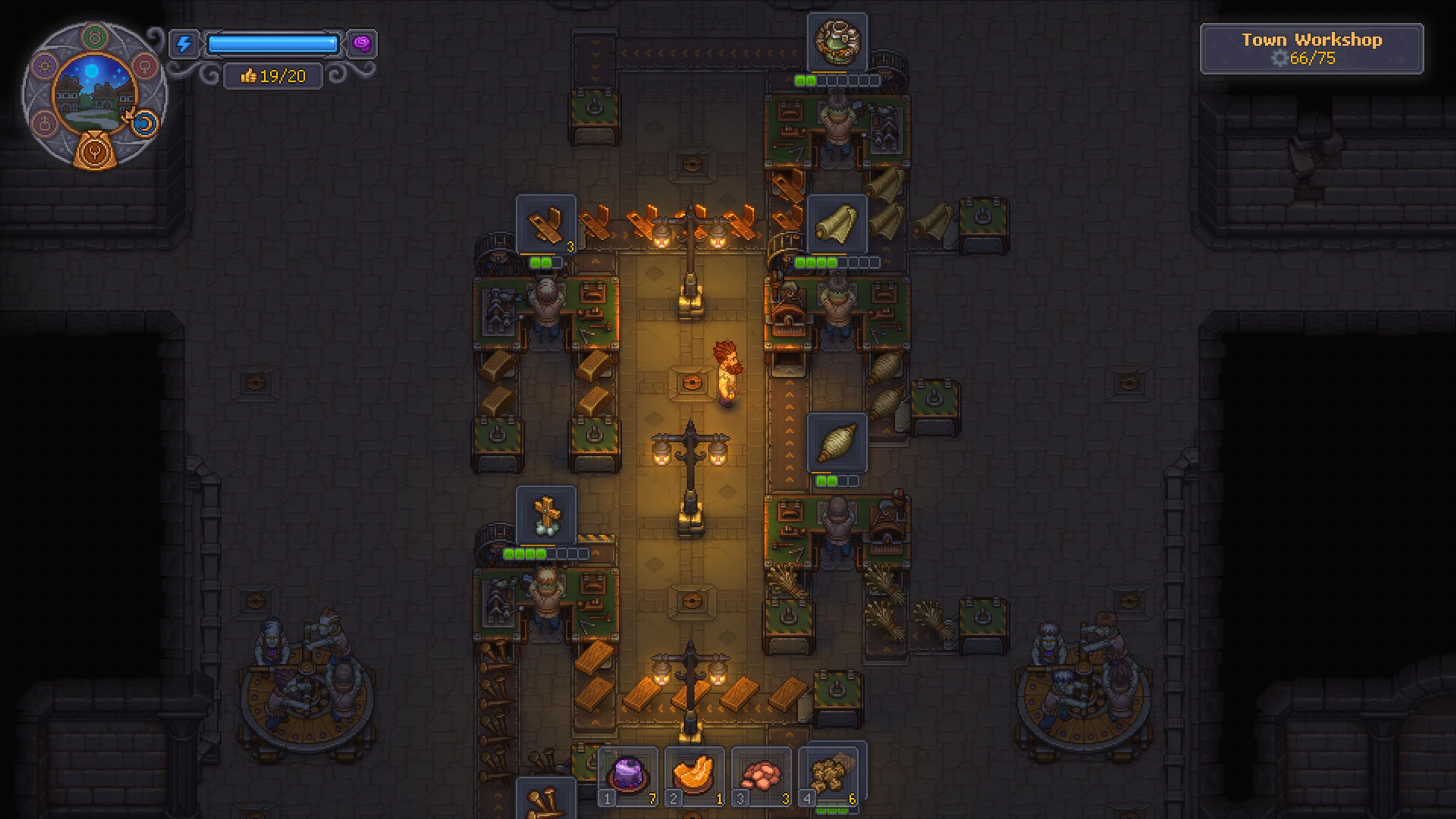 The Town Workshop in Graveyard Keeper 2, with undead workers staffing crafting benches while treadmill wheels turn in the corners
