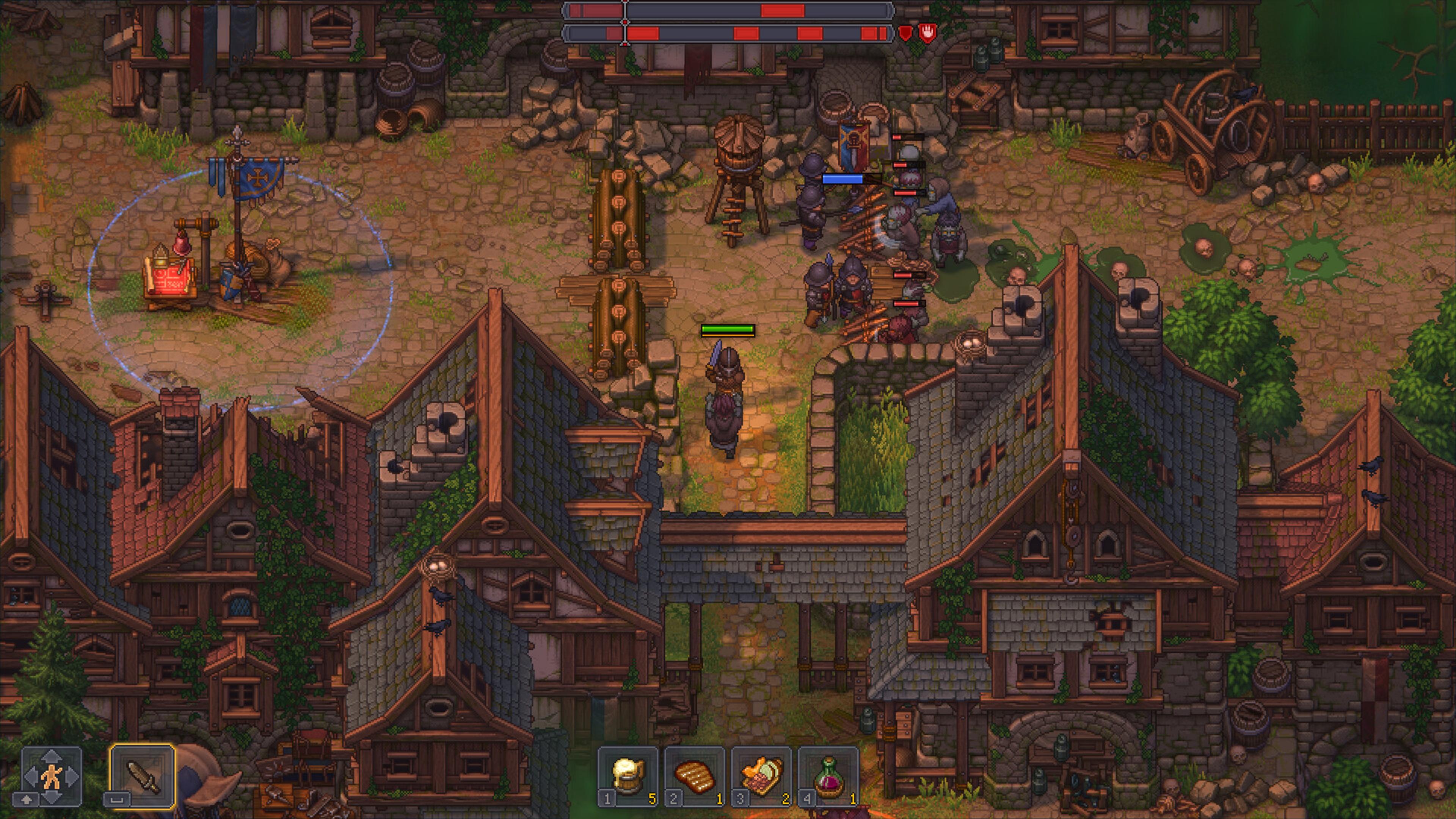 Armoured soldiers holding a wooden barricade line against undead attackers on the outskirts of the town in Graveyard Keeper 2