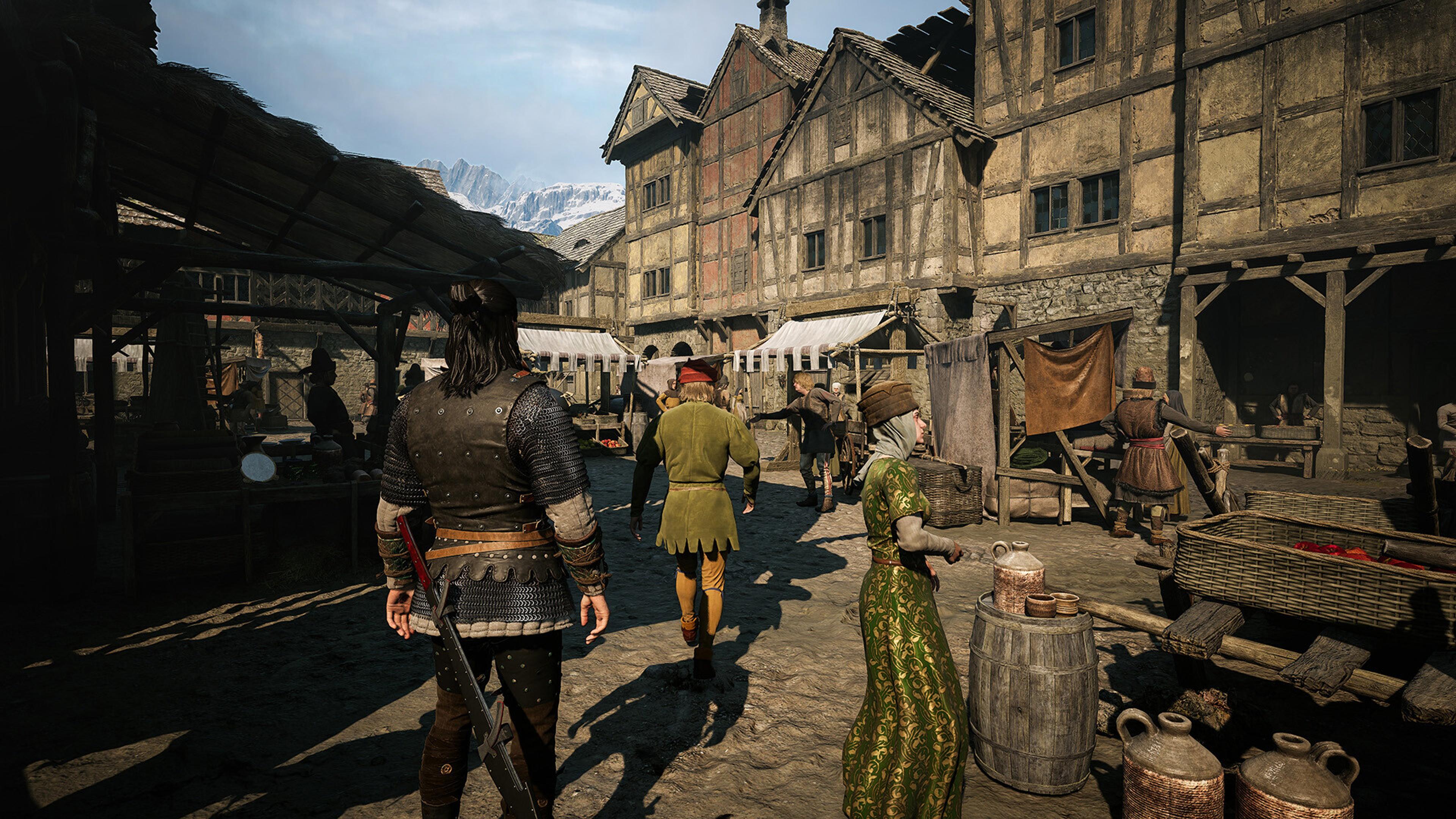Coen walking through a sunlit medieval market street in Vale Sangora, townspeople and stalls around him