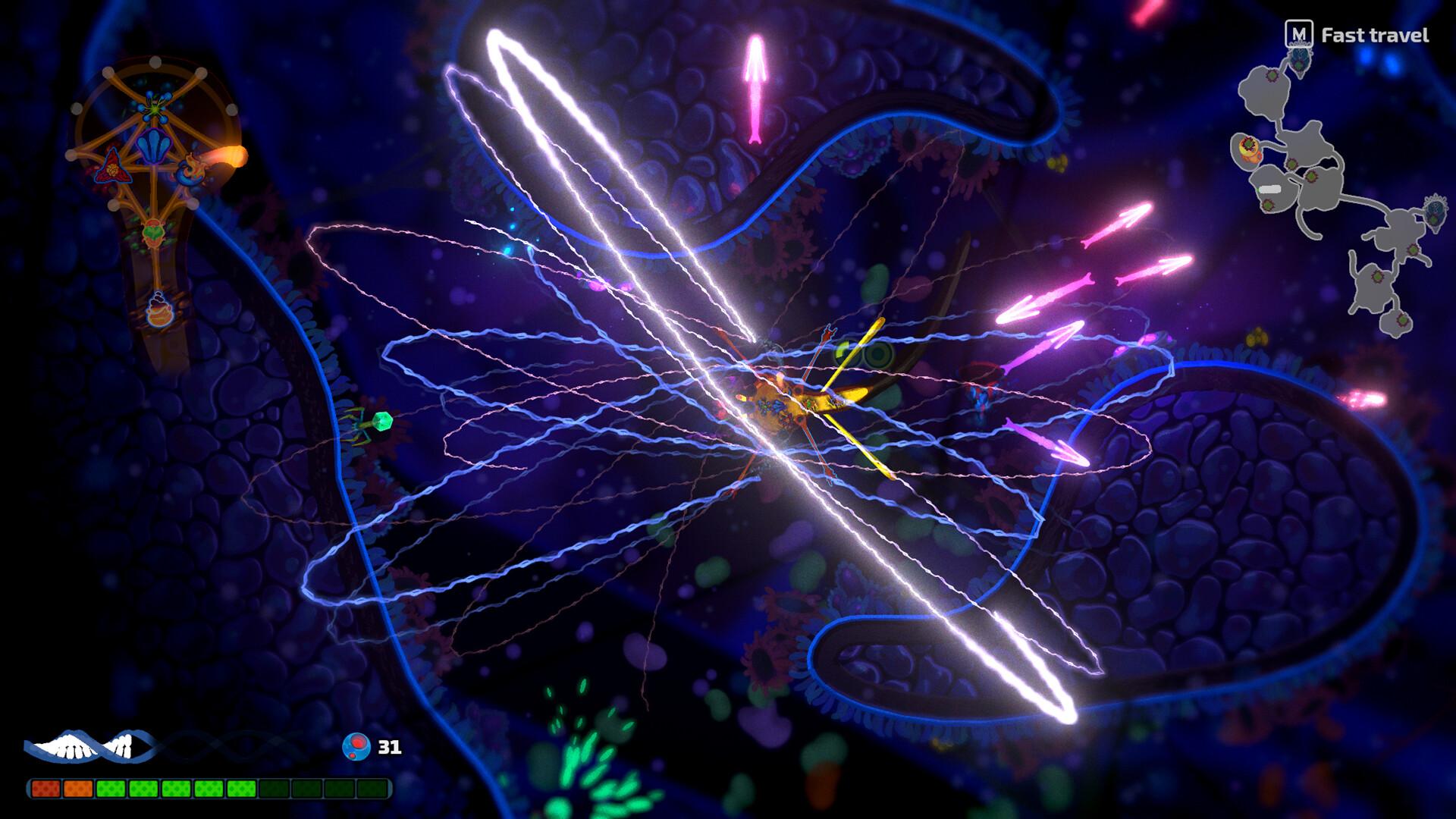 A boss encounter lit blue and white, energy arcs crossing the arena