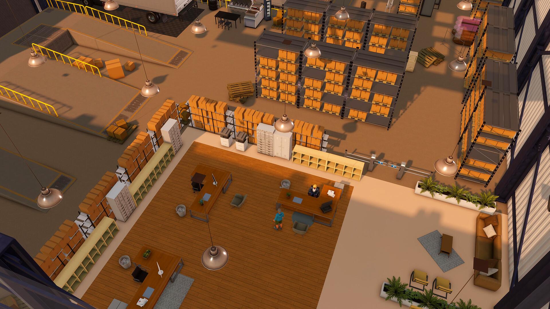 A Big Ambitions warehouse seen from above at sunset, with shelving racks full of orange boxes, a loading dock with a parked truck, and an office area of desks where an employee sits at a computer.