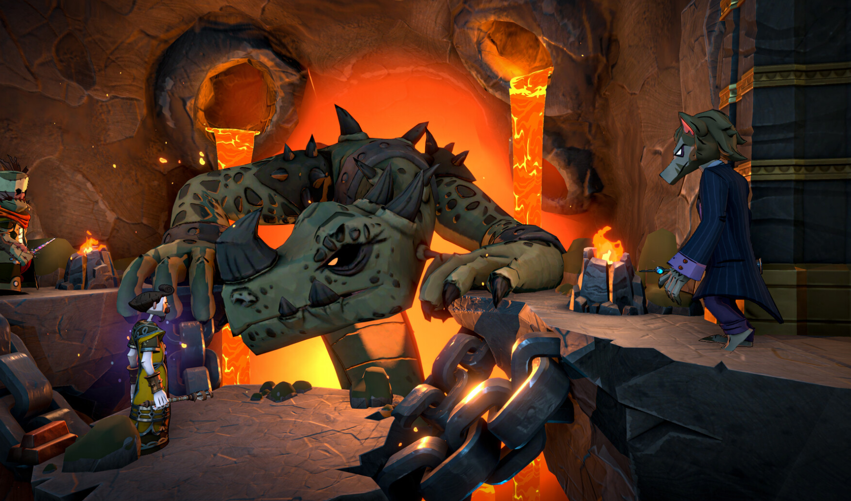 A dragon in a lava cavern facing a party of students