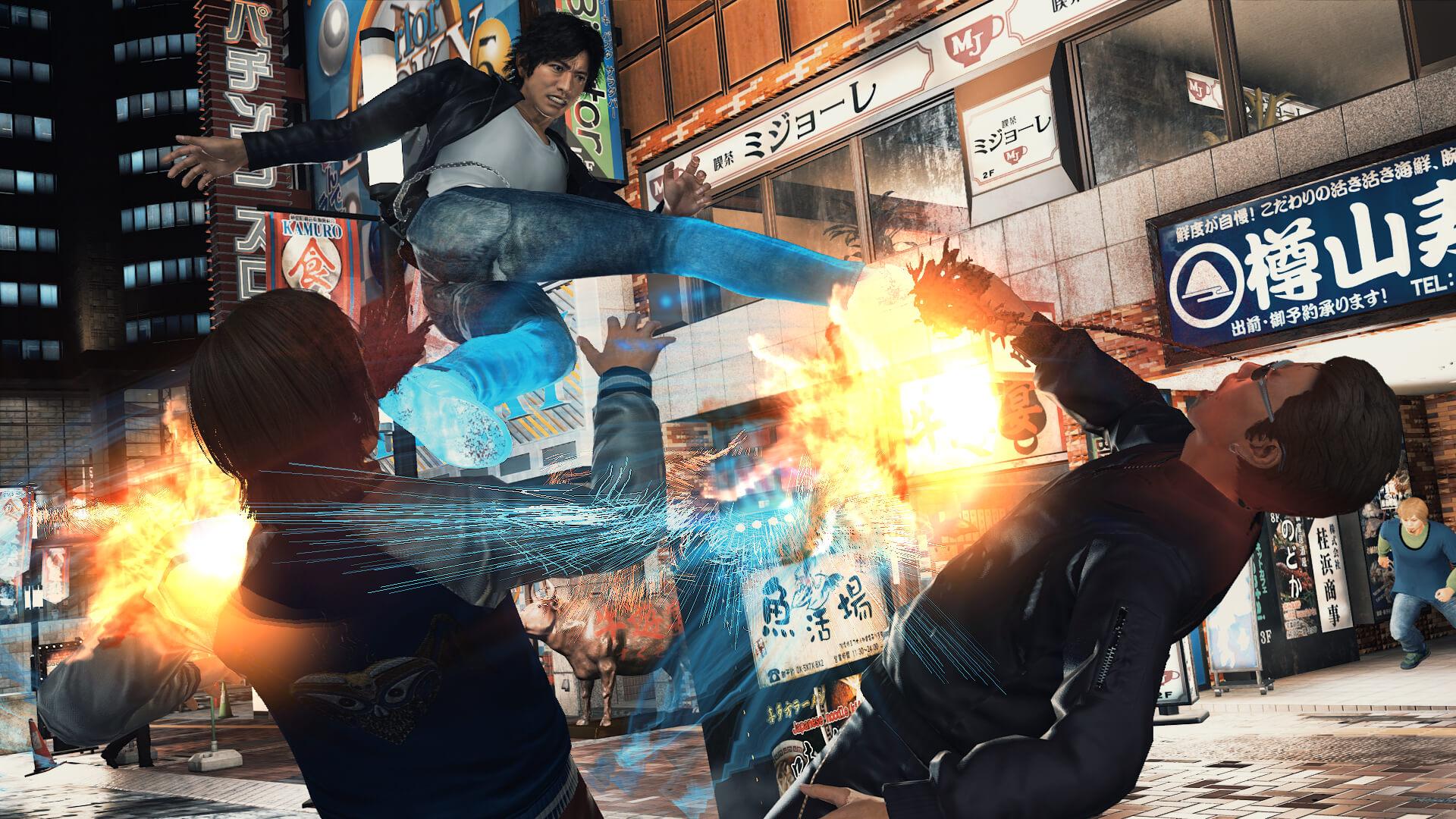 Yagami in mid-air landing a flying kick on two thugs at once on a neon-lit Kamurocho street