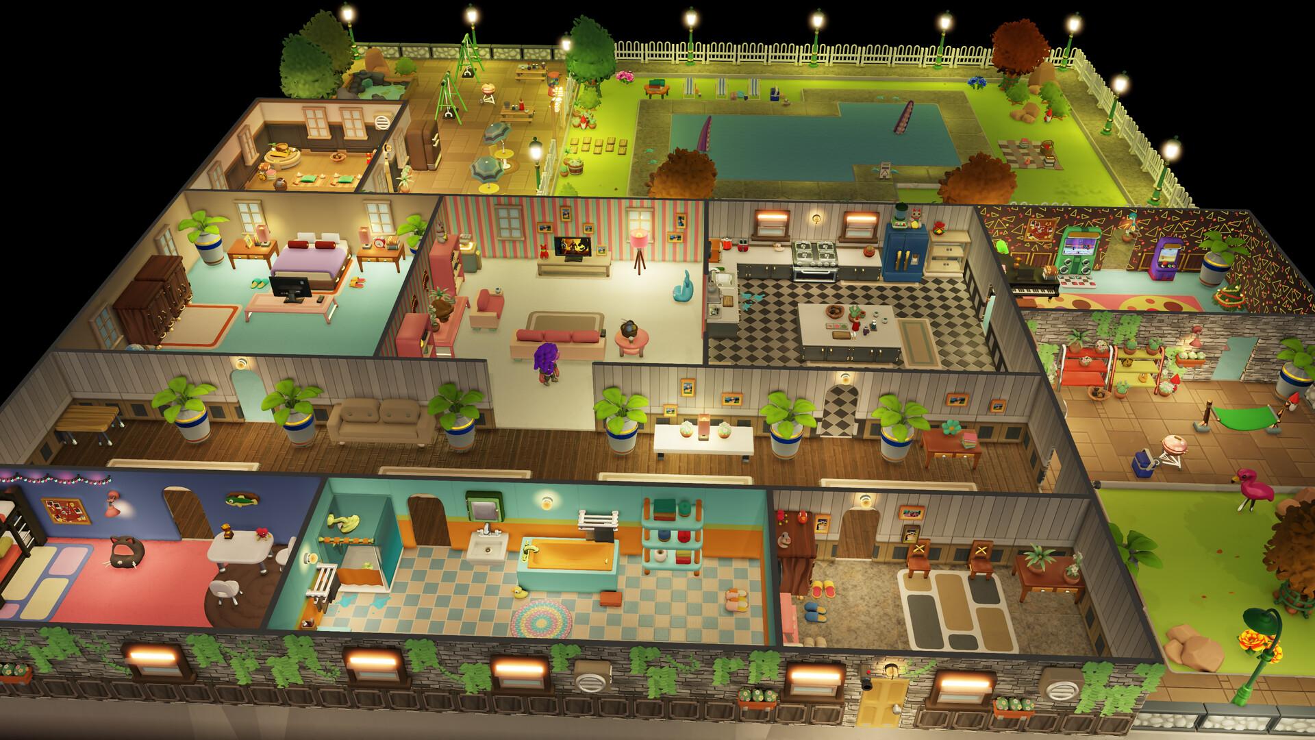 A house interior in cutaway, furnished room by room