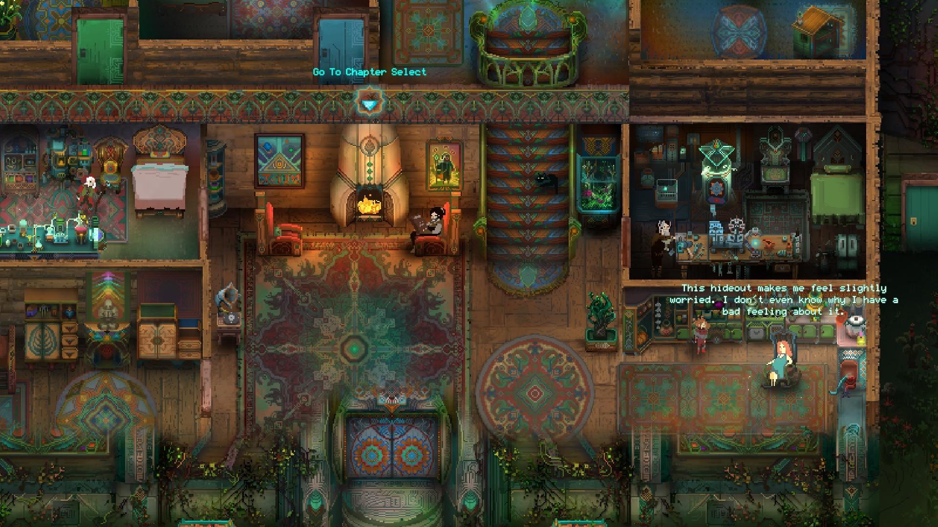 Cutaway view of the Bergson family house in Children of Morta, with an alchemy lab on the left, a fireplace and patterned rugs in the middle, a cluttered workshop on the right and a red-haired woman in an armchair beside a child.
