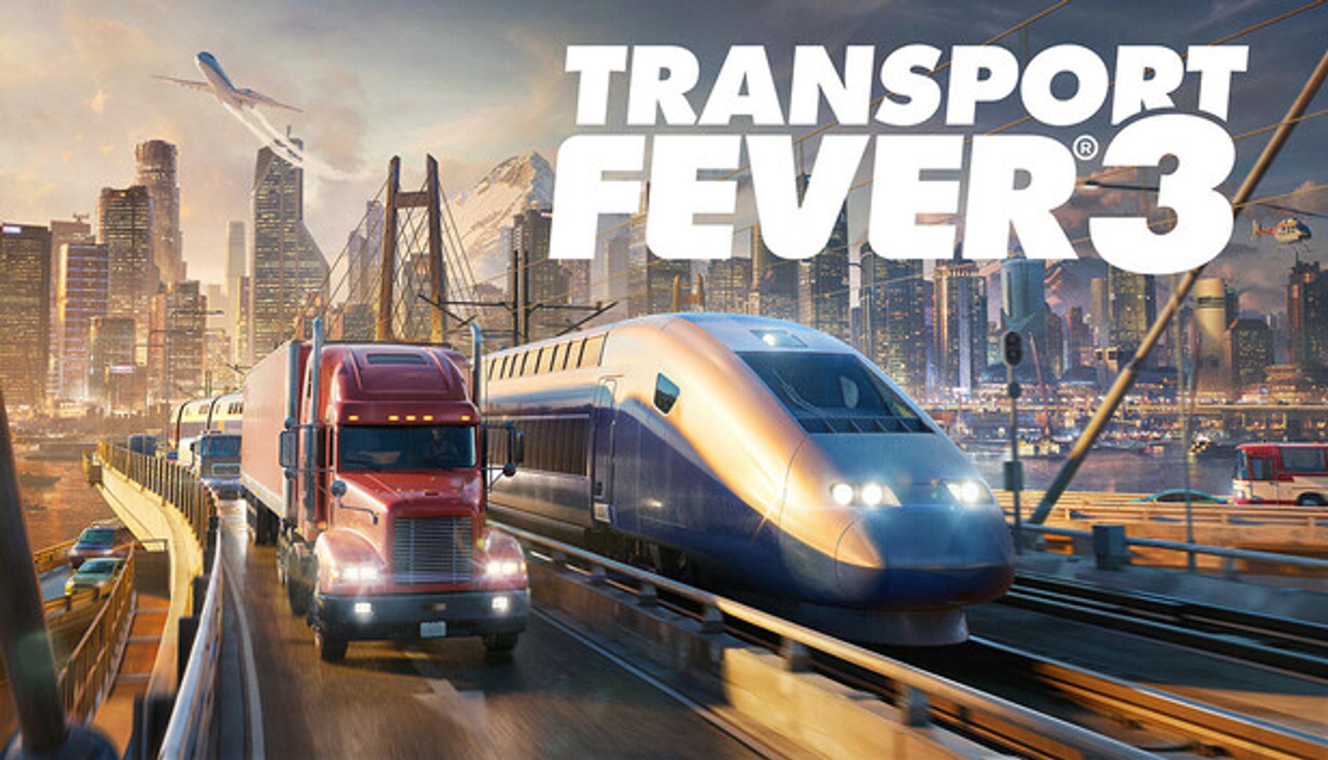 Transport Fever 3 official Steam art, a bullet train, truck and plane converging on a city (Urban Games)