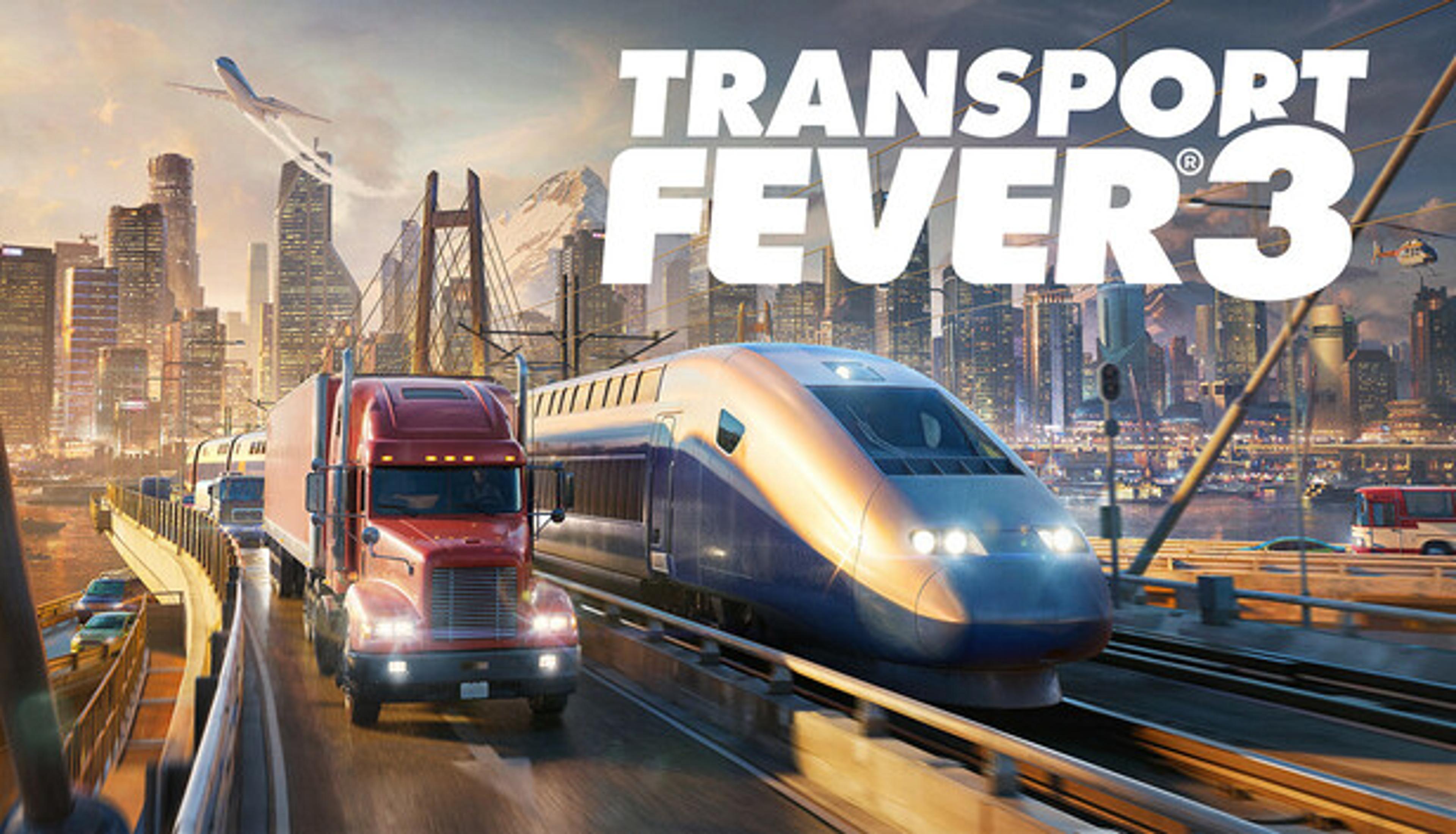 Transport Fever 3 official Steam art, a bullet train, truck and plane converging on a city (Urban Games)