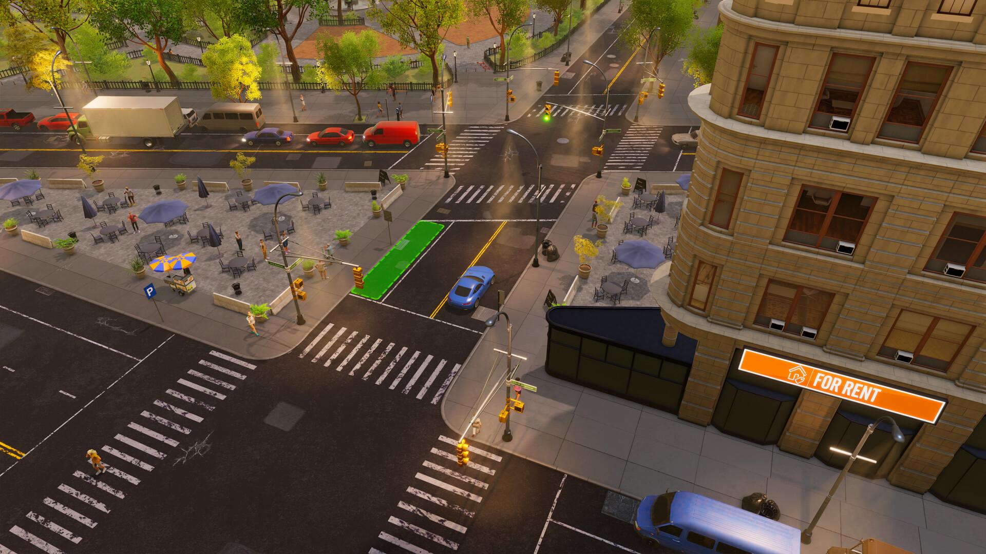 A Big Ambitions street corner at dusk, where a blue sports car approaches a kerbside parking space highlighted in green beside outdoor cafe tables, passing traffic and a corner building with an orange For Rent sign.