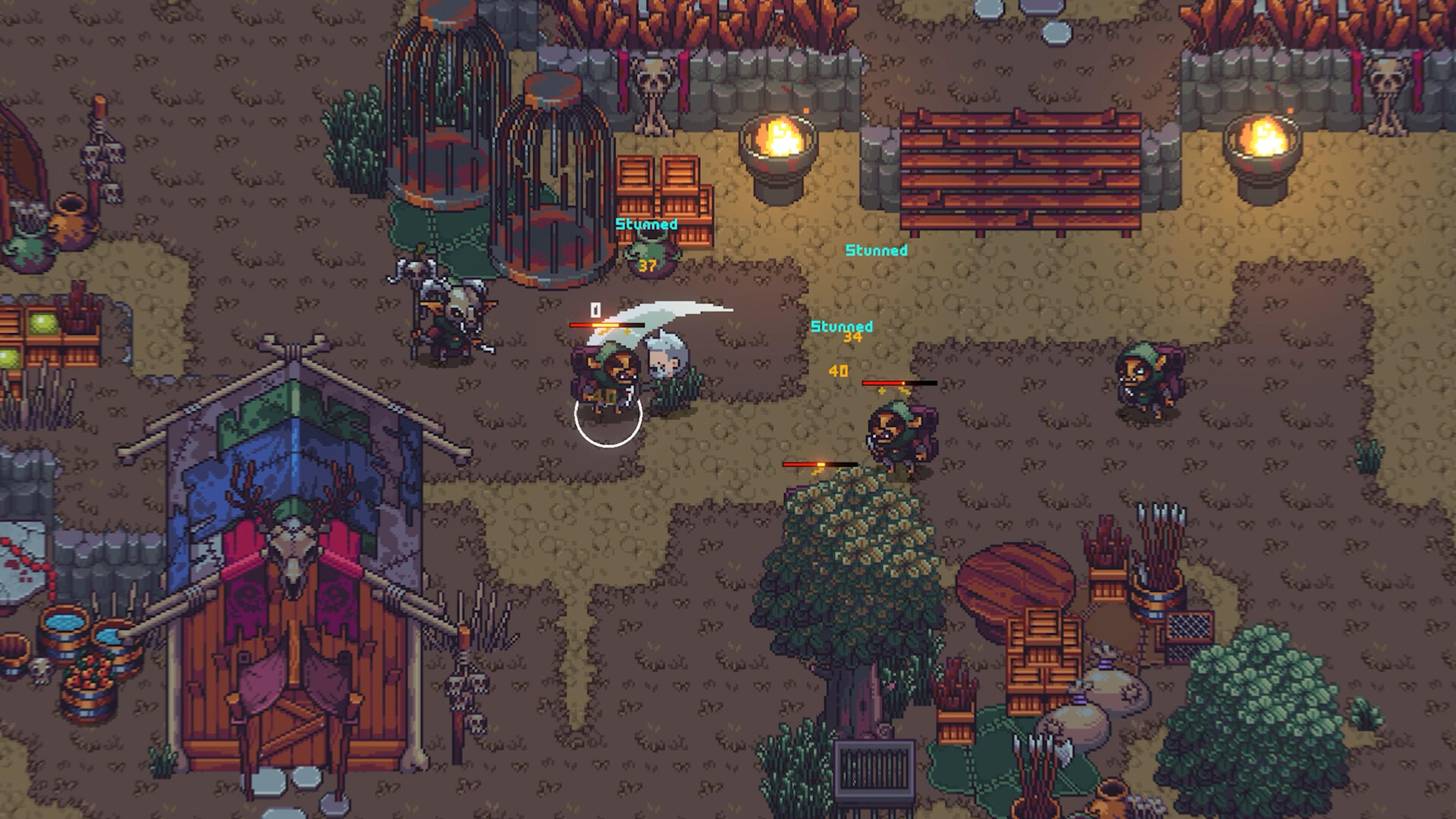 Combat against goblins in a ruined camp in Emberville. Screenshot: Cygnus Cross.