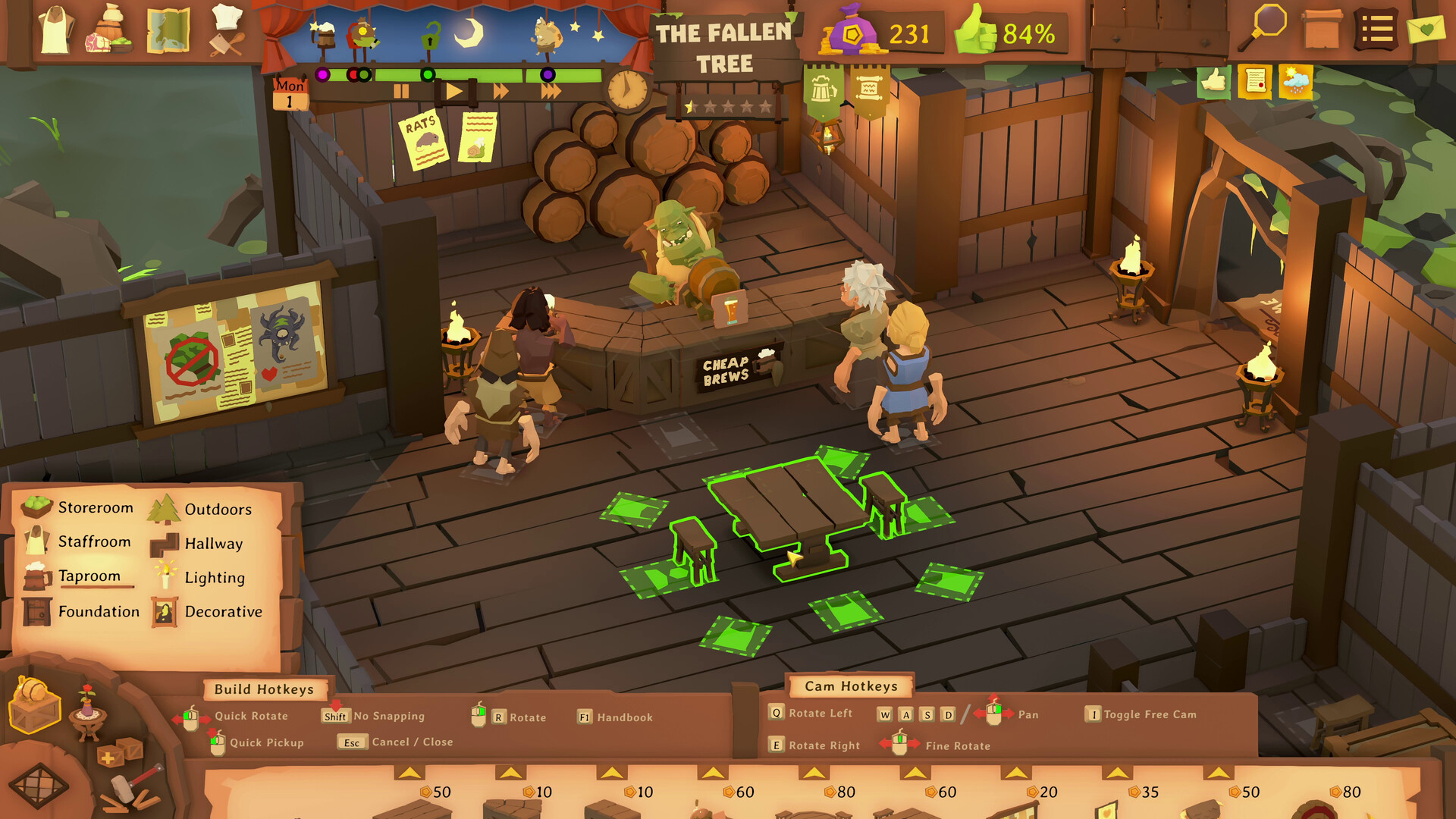 The tavern build view with placement grid and decoration menu