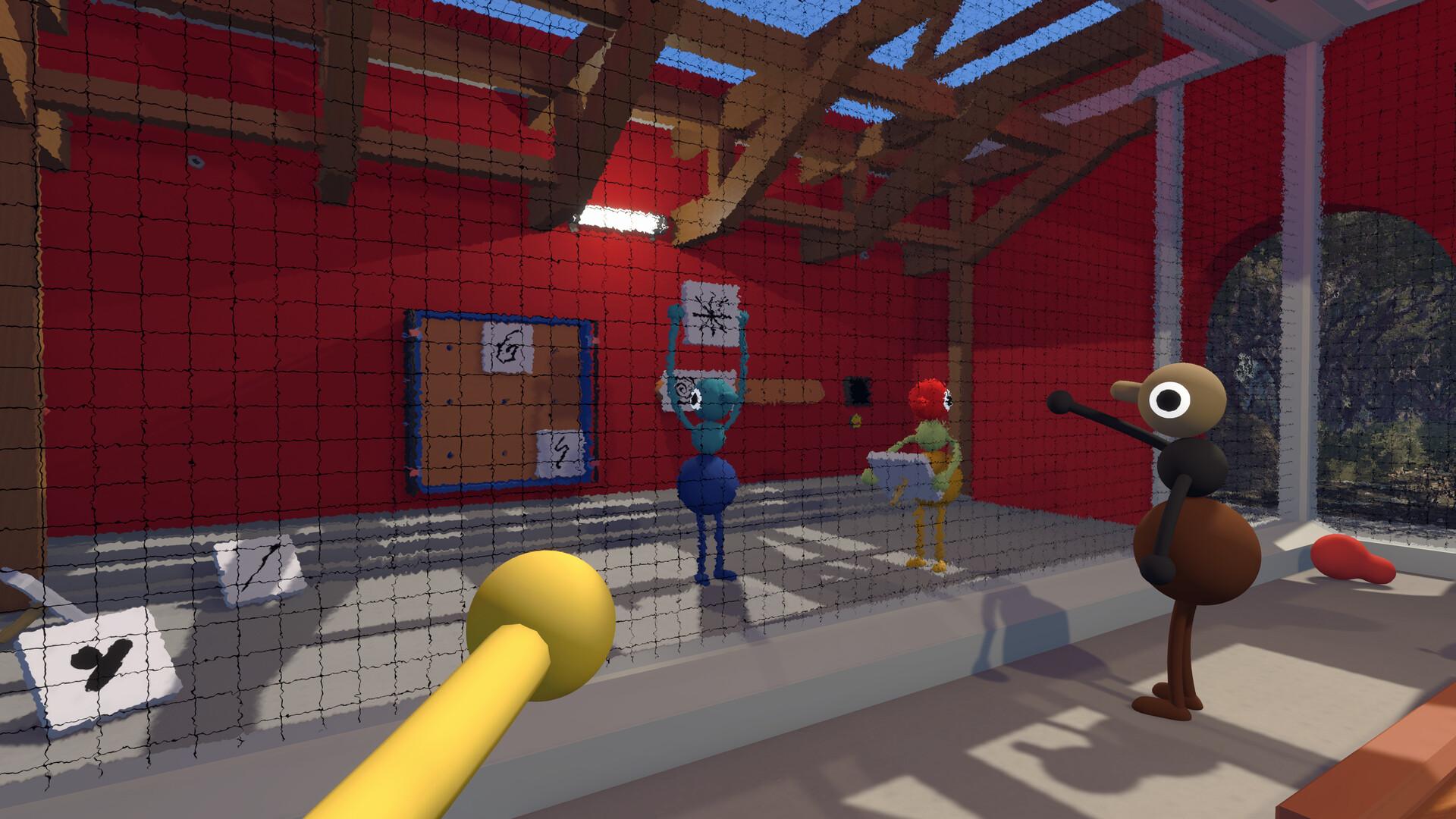 Big Walk players holding up hand-drawn symbol cards through a wire mesh screen inside a red room