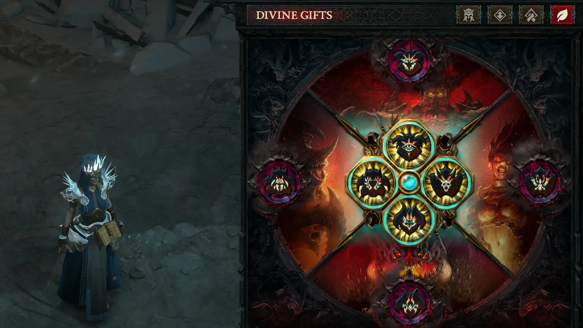 The Divine Gifts board, a circular grid of unlockable seasonal powers