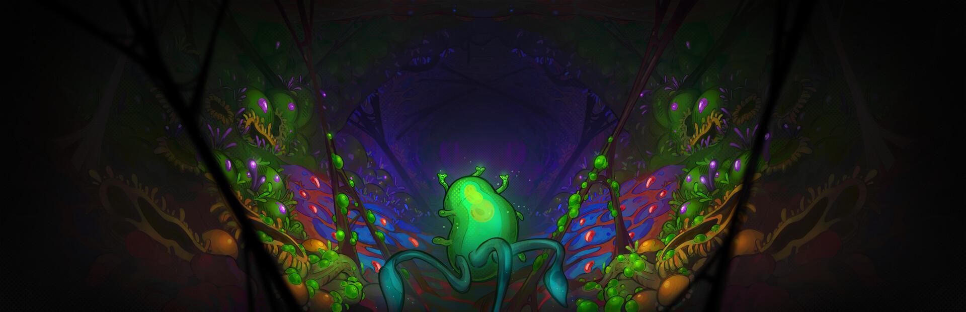Official key art for Pathogenic: a glowing green flagellated pathogen inside a dark, fleshy biome of the human body