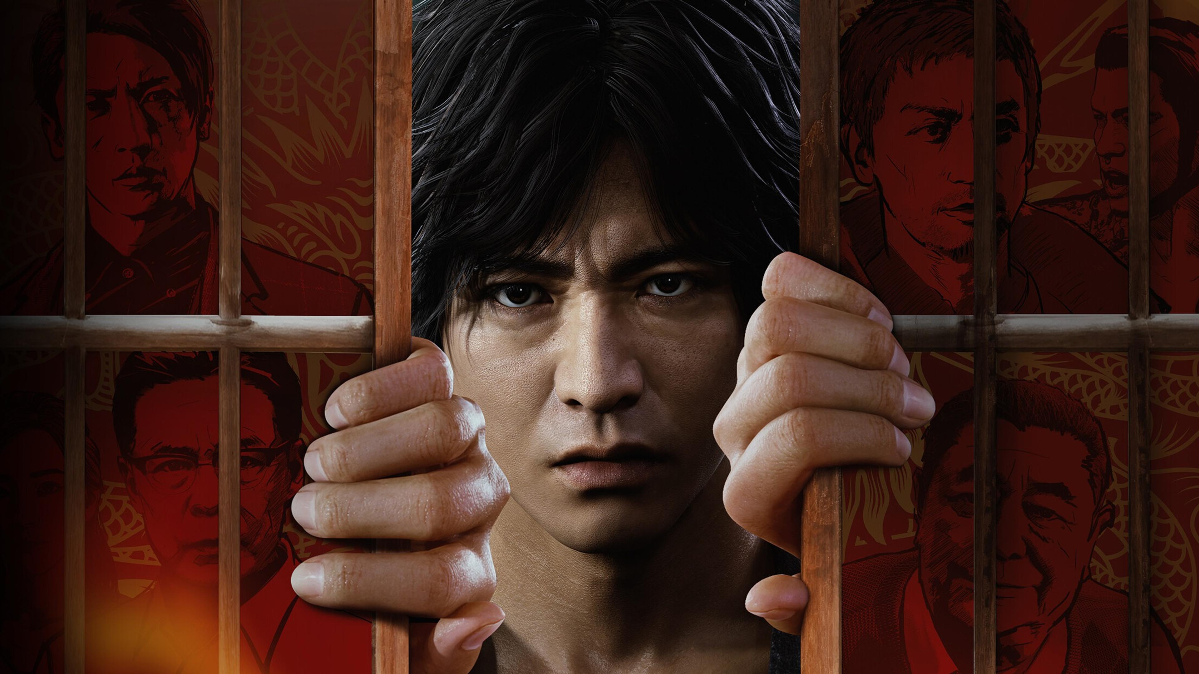 Lost Judgment key art: Takayuki Yagami grips the wooden bars of a cell and stares straight ahead, with illustrated portraits of the cast in red behind the bars