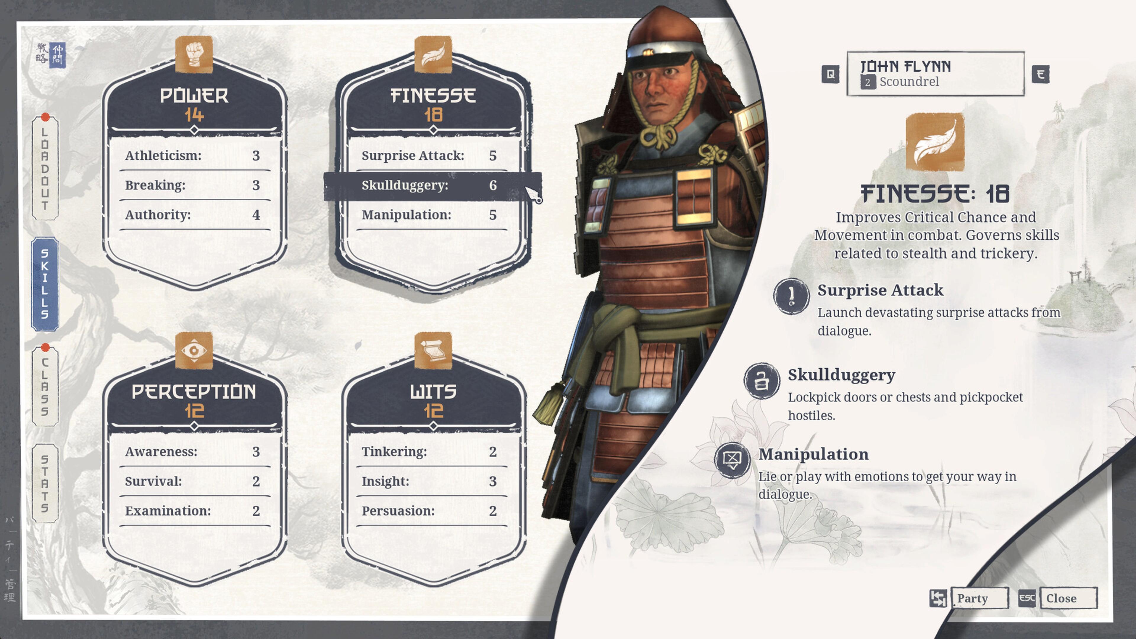 The Expeditions: Samurai character sheet for John Flynn, showing Power, Finesse, Perception and Wits attributes with their component skills