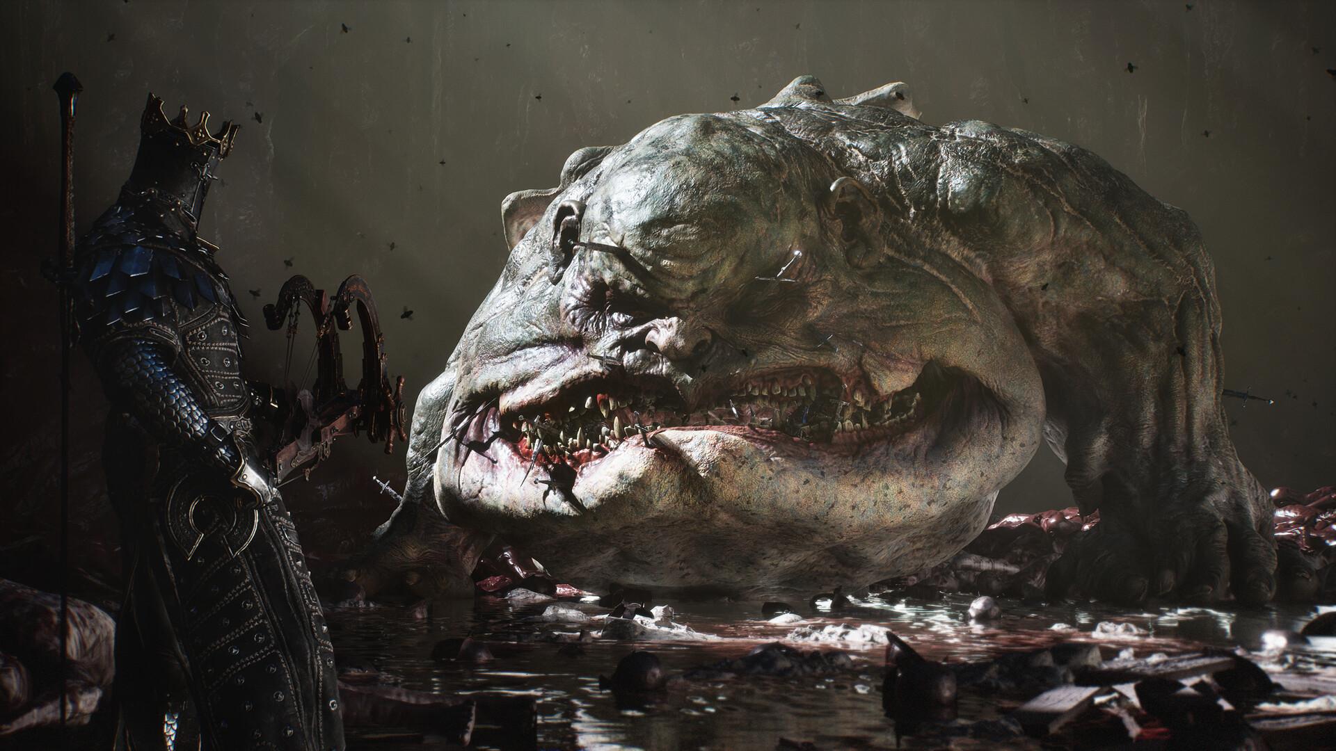 A crowned armoured figure standing in front of an enormous pale amphibian creature with an open toothed maw in Mortal Shell II
