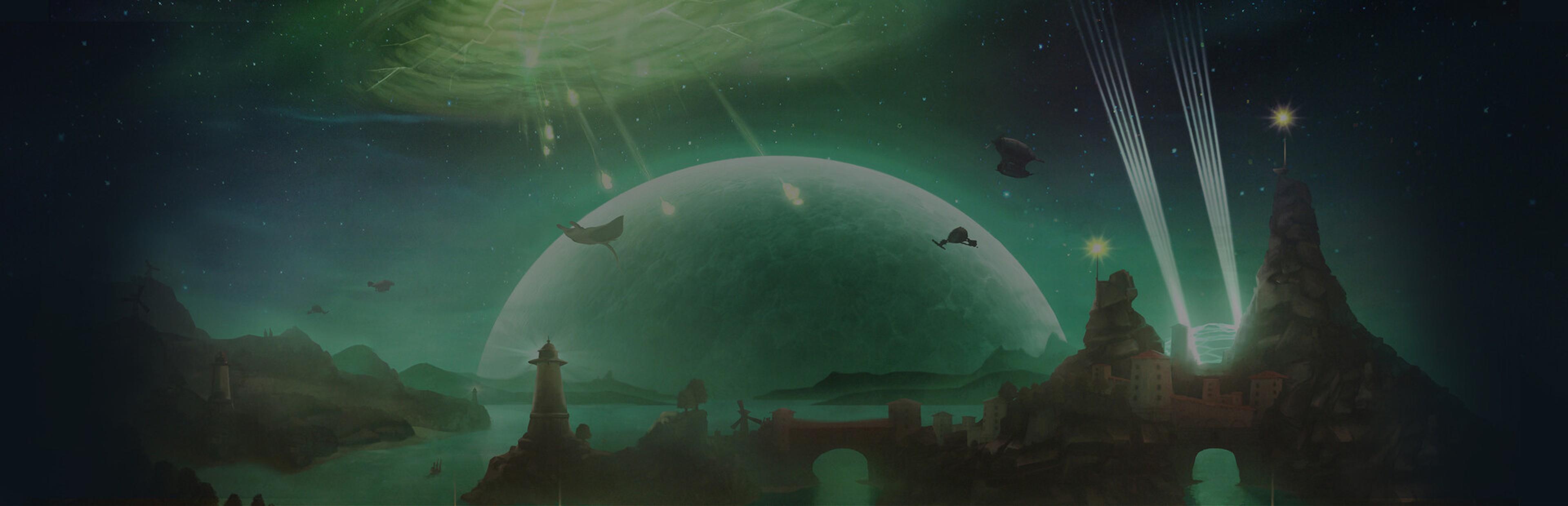 Key art from Beyond Good and Evil showing a planet and moon above the ocean world of Hillys