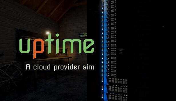 Uptime: A Cloud Provider Sim official Steam art, a lit server rack in a dark garage (RubyRack Games)