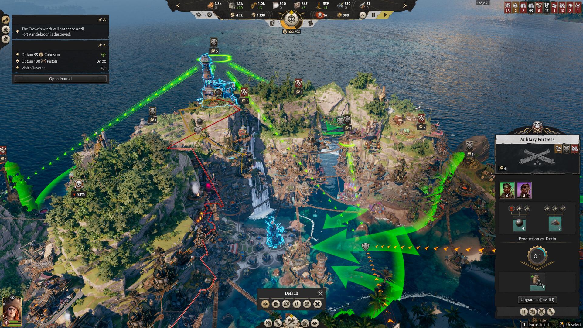 Overhead strategy view of a pirate island settlement built across cliff terraces, with green arrows marking attack routes, a Military Fortress info panel on the right and a quest list demanding 100 pistols and 95 cohesion.