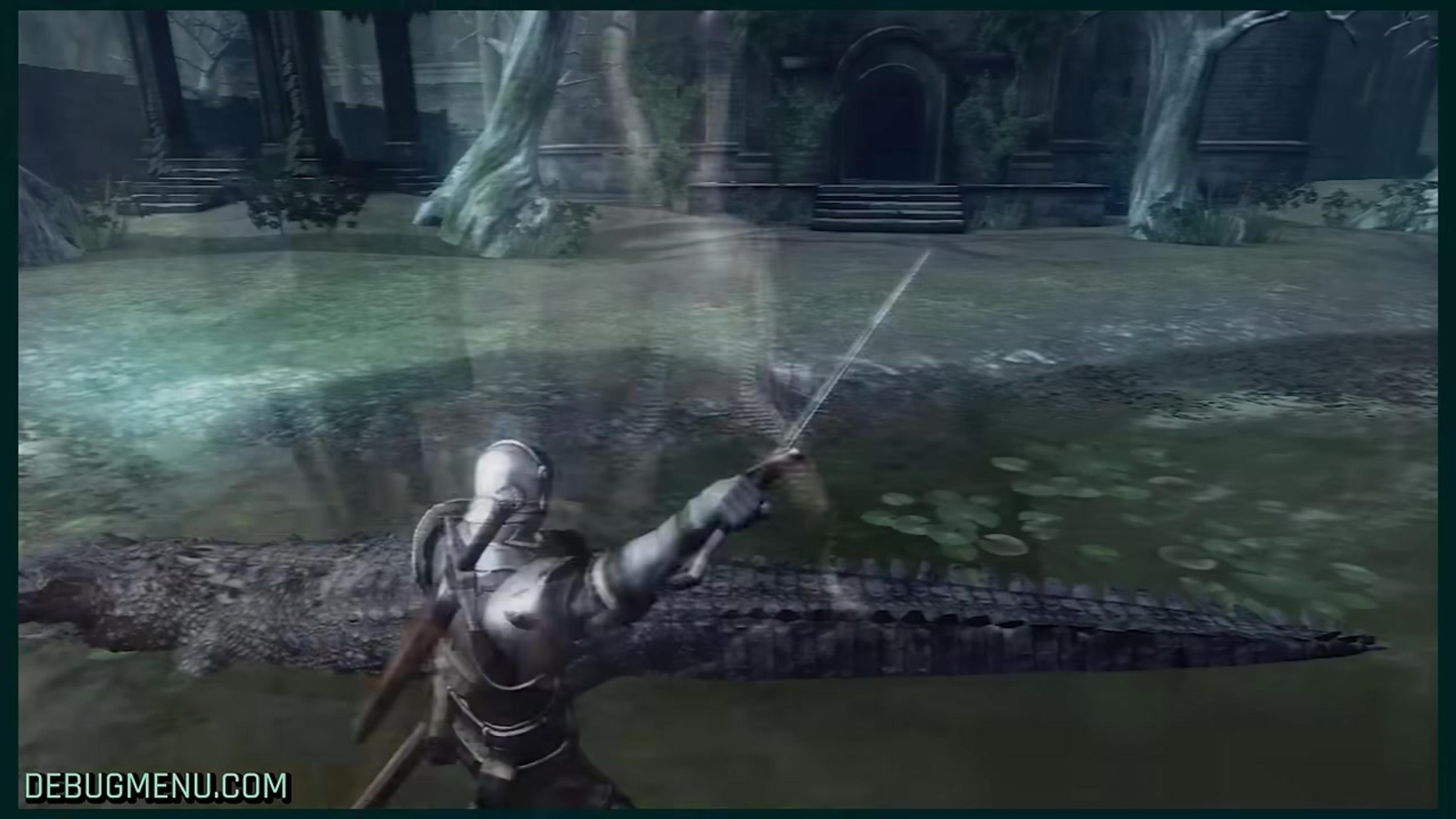 A knight in the 2007 Demon's Souls prototype fighting a crocodile in shallow water, an enemy type cut before release