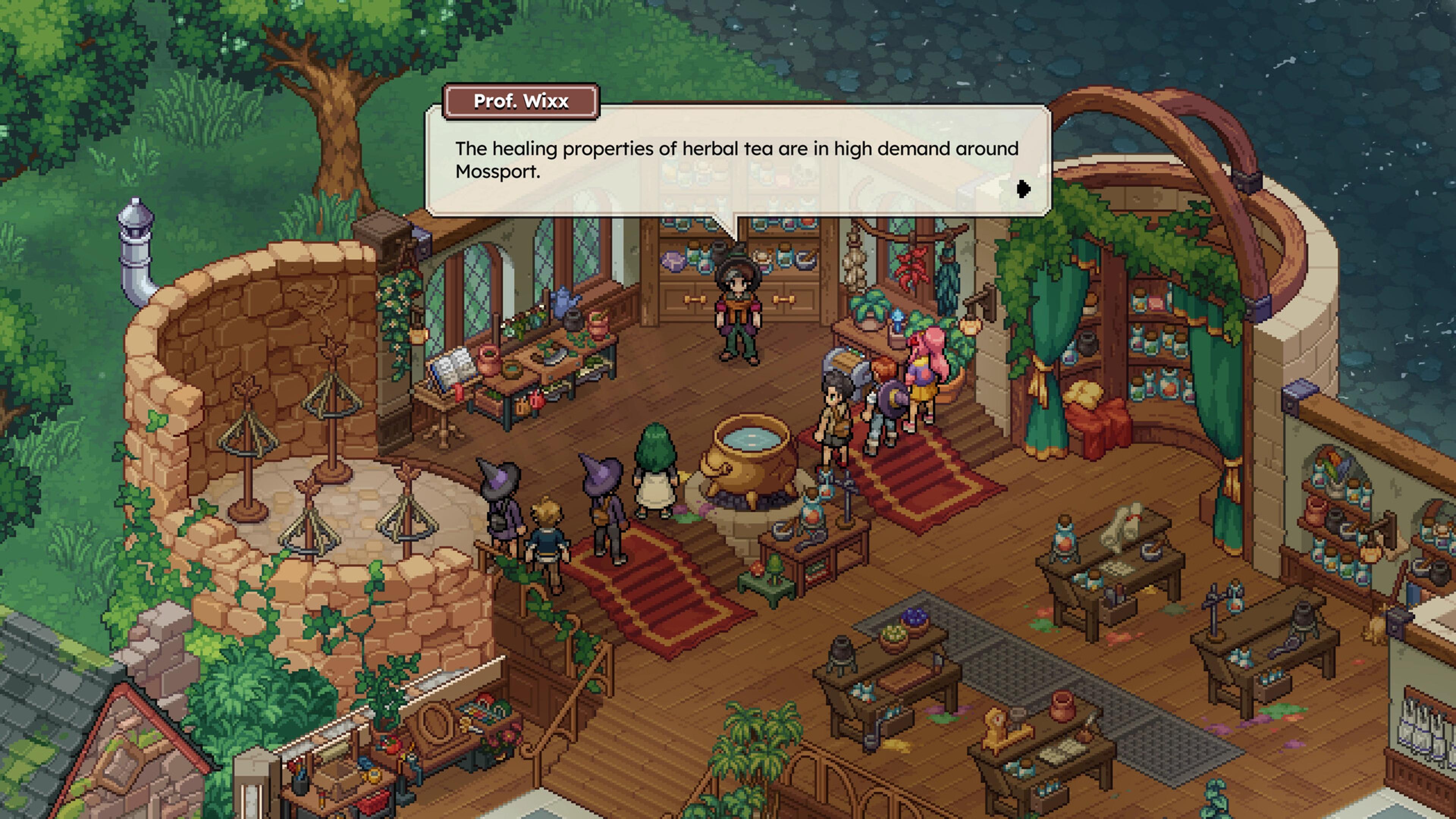 Students in pointed hats gathered around a bubbling cauldron in a Witchbrook College classroom, while a dialogue box from Professor Wixx reads that the healing properties of herbal tea are in high demand around Mossport