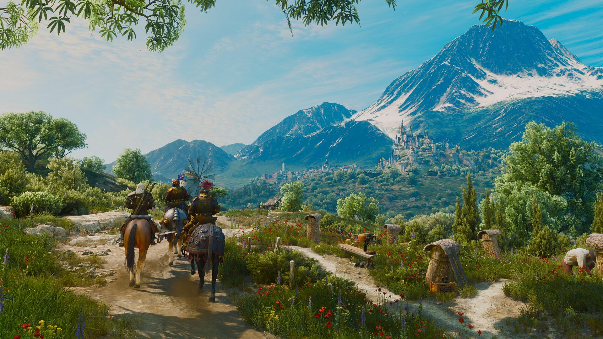 Geralt and two knights in plumed helmets ride down a flower-lined path towards the city of Beauclair and its white palace beneath snow-capped mountains in Toussaint.