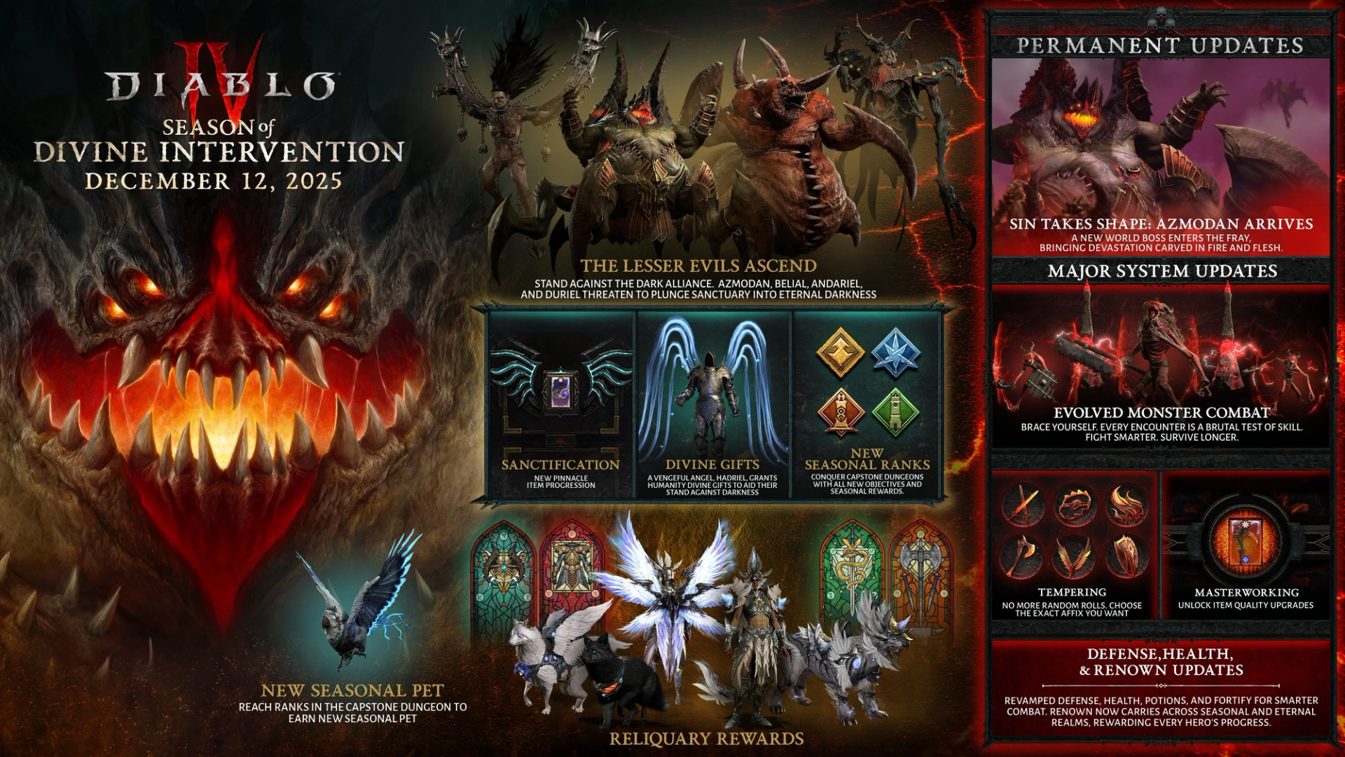 The Diablo 4 Season of Divine Intervention promotional slate listing seasonal features