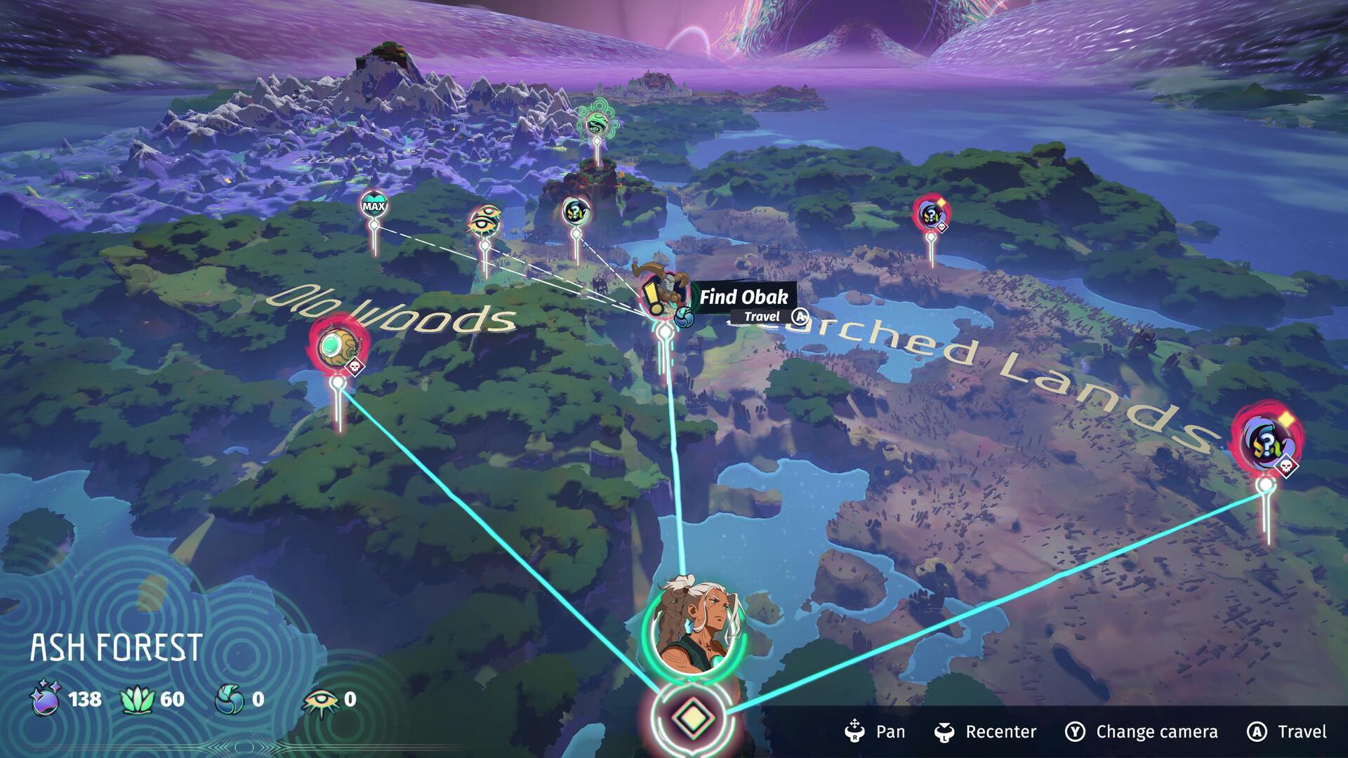 The Echoes of Mystralia run map showing routes between the Old Woods, Parched Lands and Ash Forest regions with encounter nodes